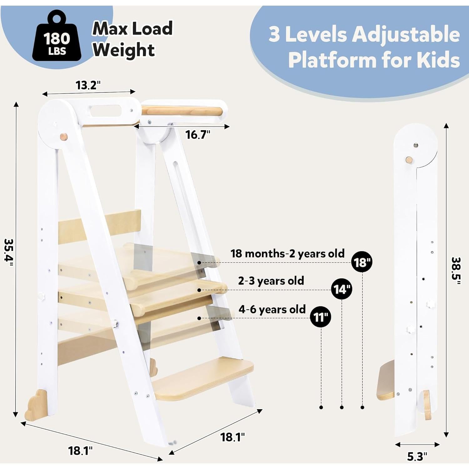 Escalera Plegable de Madera CONKKA para Niños - 2 Pasos Ajustables