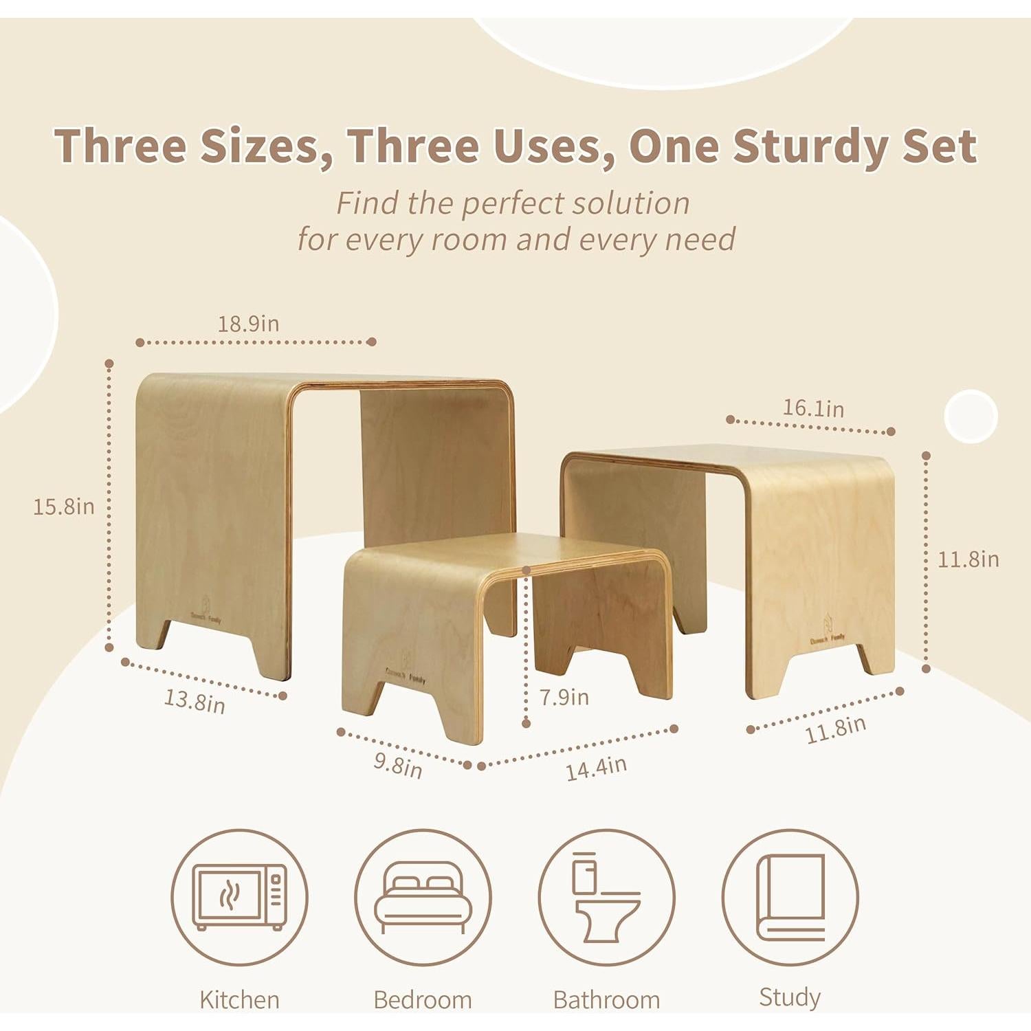 Juego de Taburetes Apilables Damoch 3 en 1 para Niños - Madera Ecológica