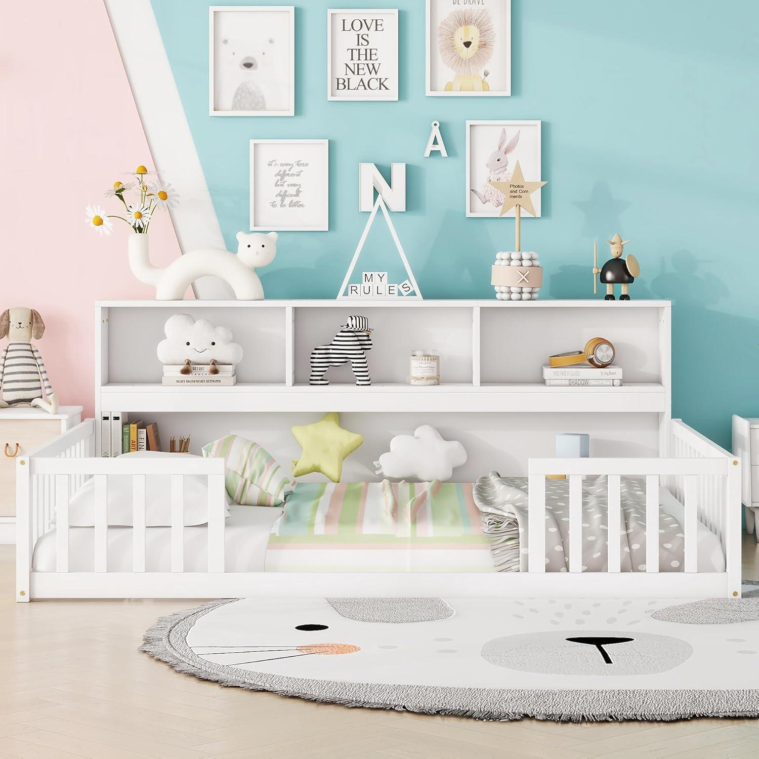 Cama Montessori de Piso Completo Bellemave con Estantería Blanca