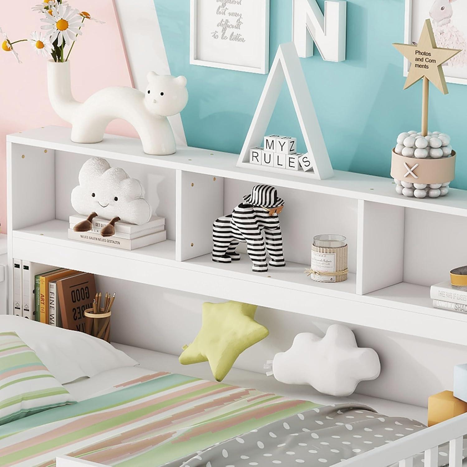 Cama Montessori de Piso Completo Bellemave con Estantería Blanca