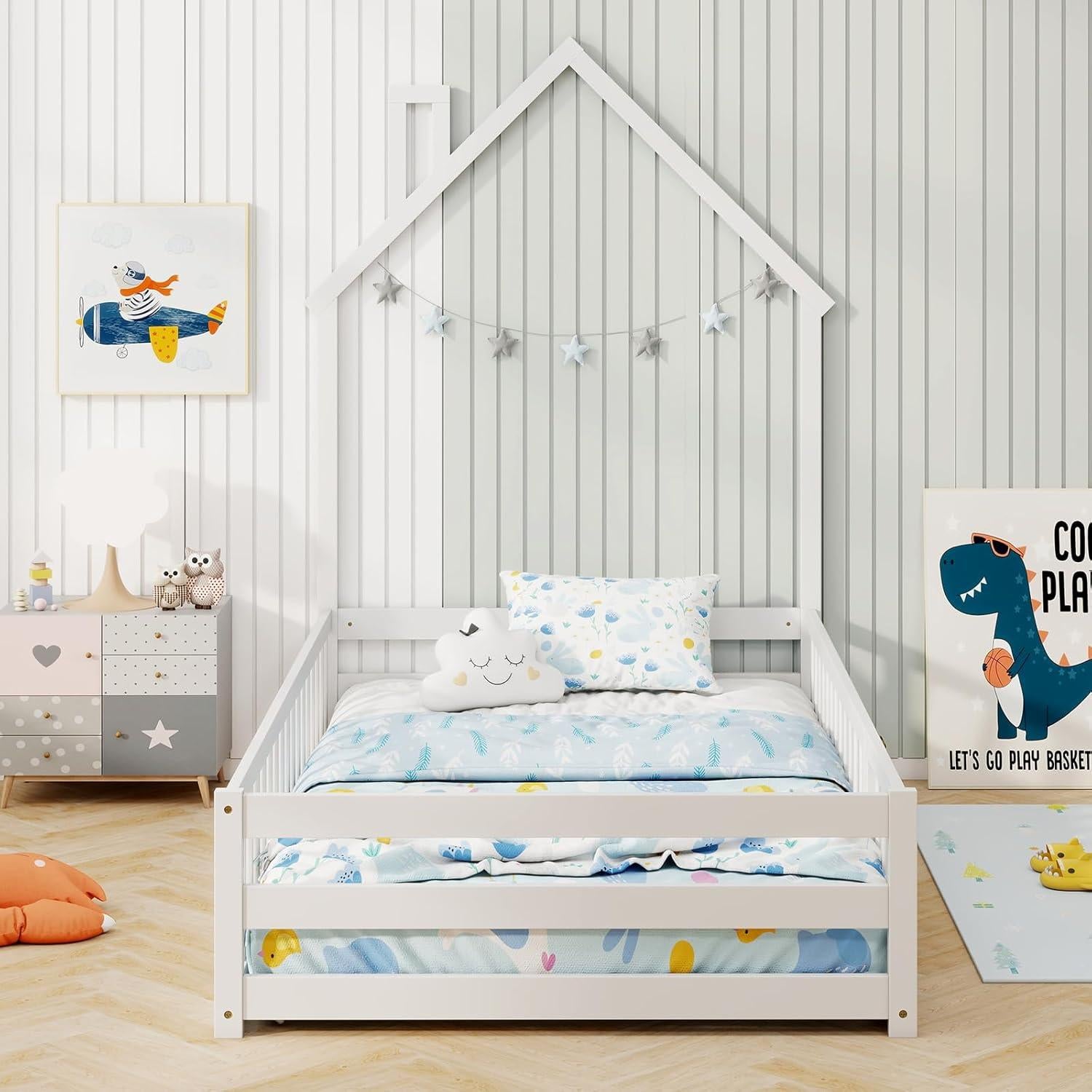 Cama Twin Montessori GORELAX en el Suelo con Cerca de Seguridad