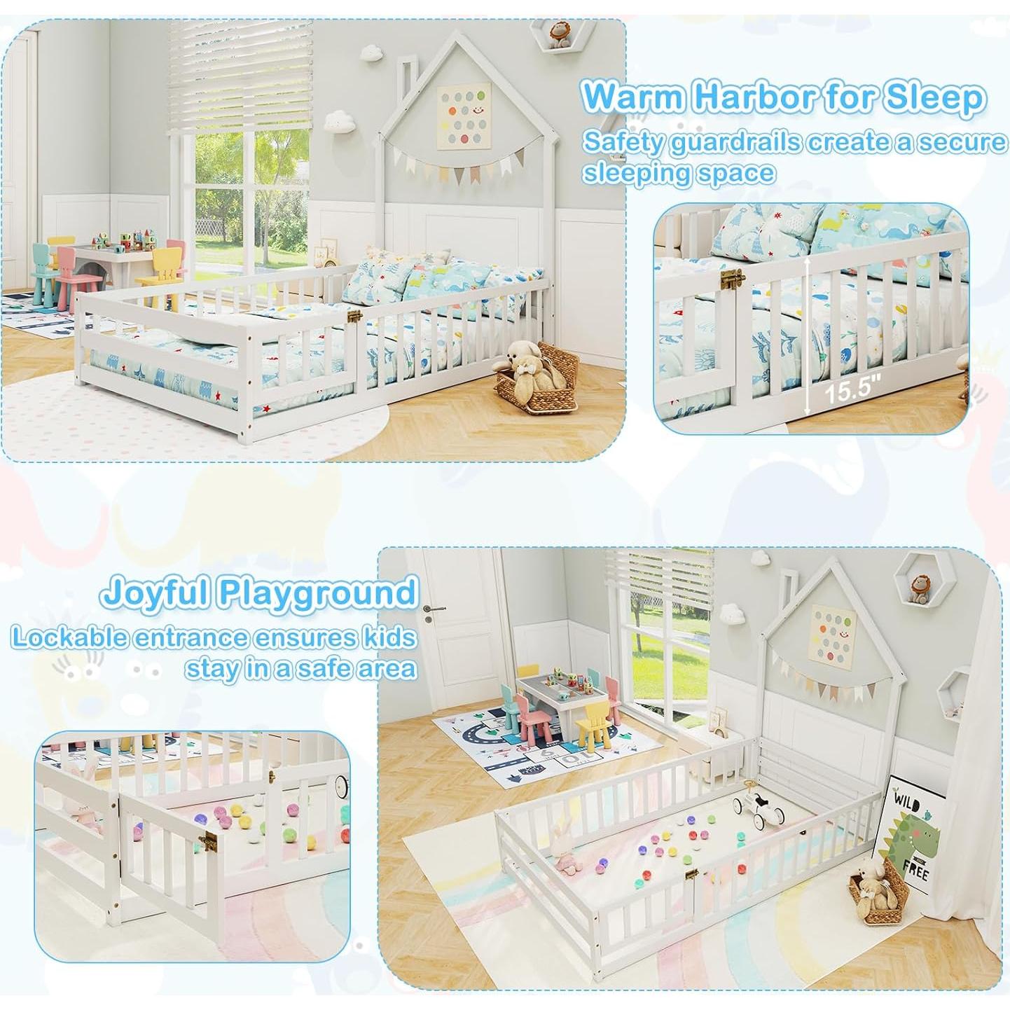 Cama Twin Montessori GORELAX en el Suelo con Cerca de Seguridad