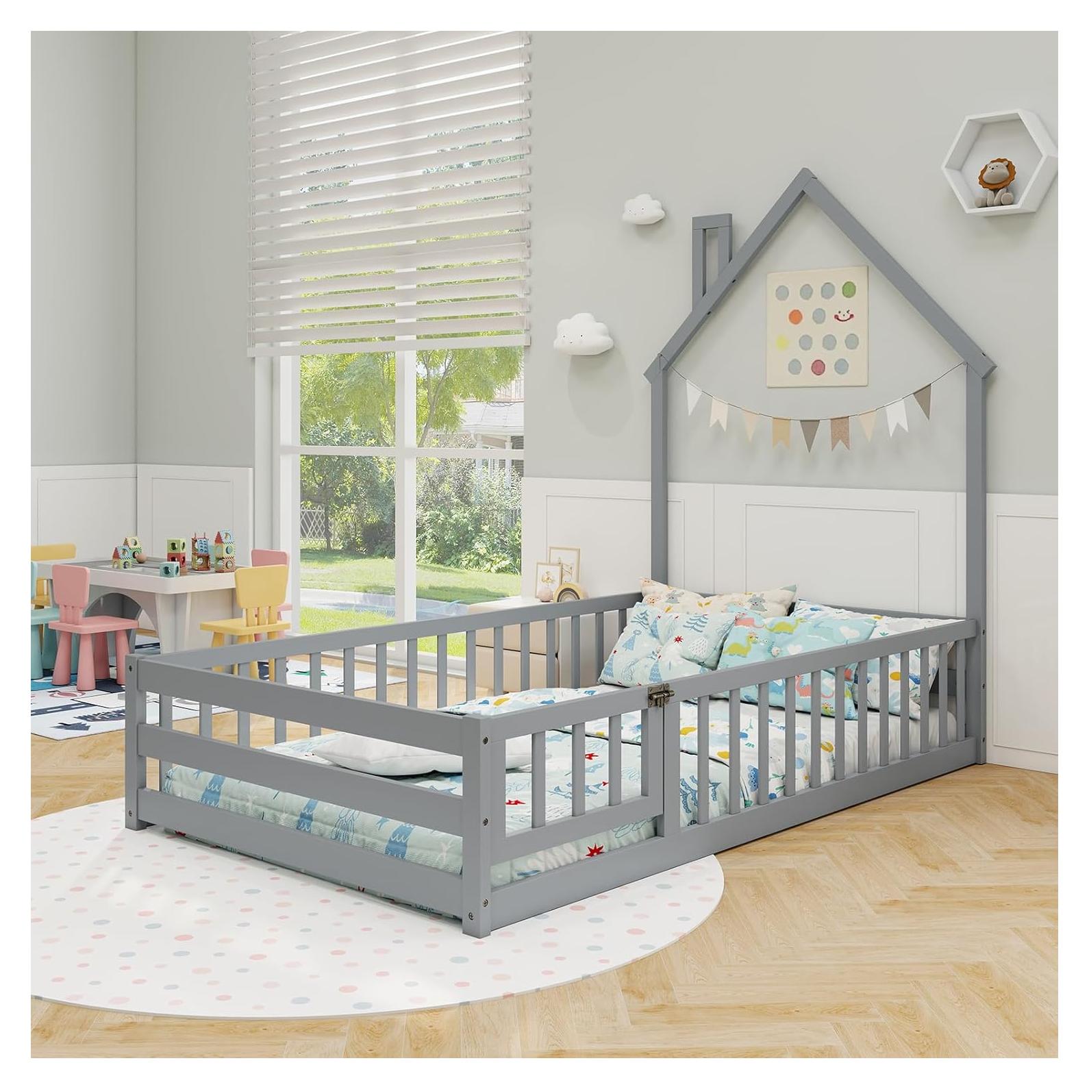Cama Montessori de Piso DORTALA Gris con Barandilla y Casa