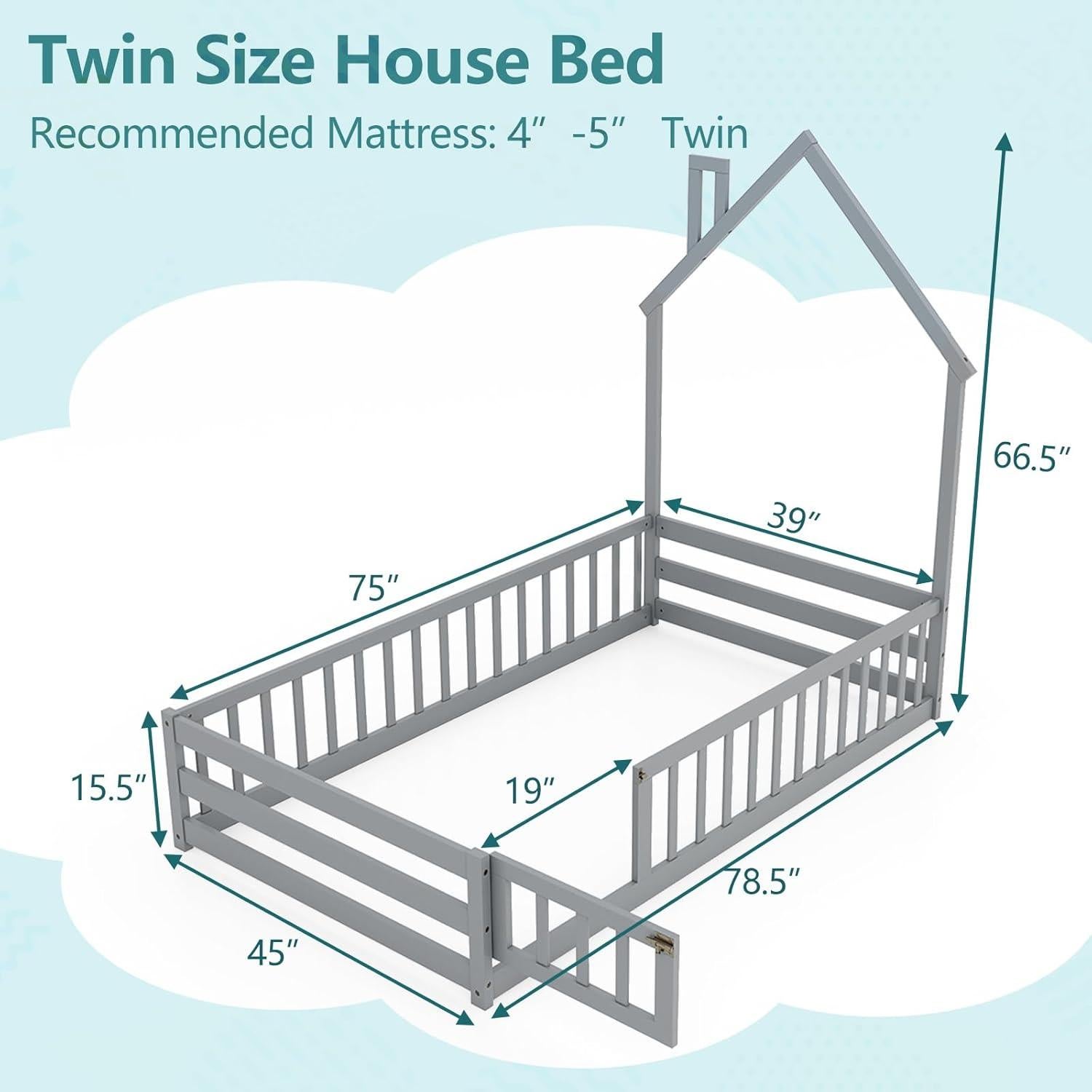 Cama Montessori de Piso DORTALA Gris con Barandilla y Casa
