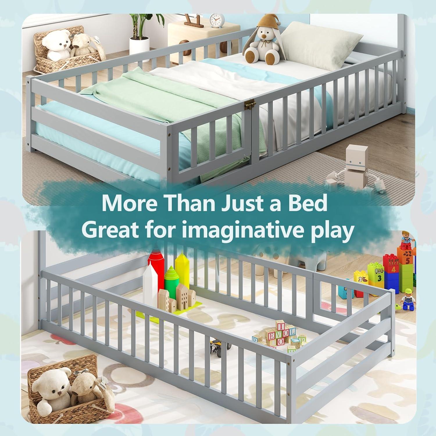 Cama Montessori de Piso DORTALA Gris con Barandilla y Casa