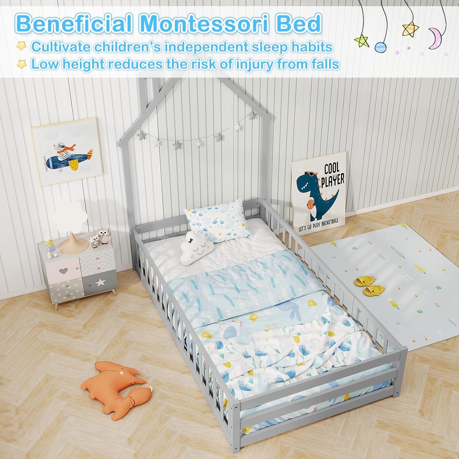 Cama Montessori de Piso DORTALA Gris con Barandilla y Casa