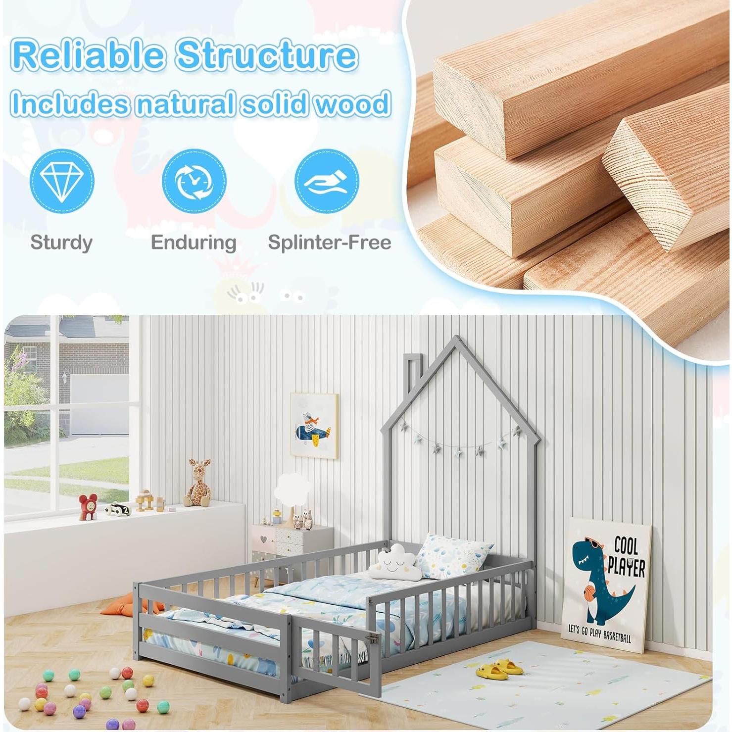 Cama Montessori de Piso DORTALA Gris con Barandilla y Casa