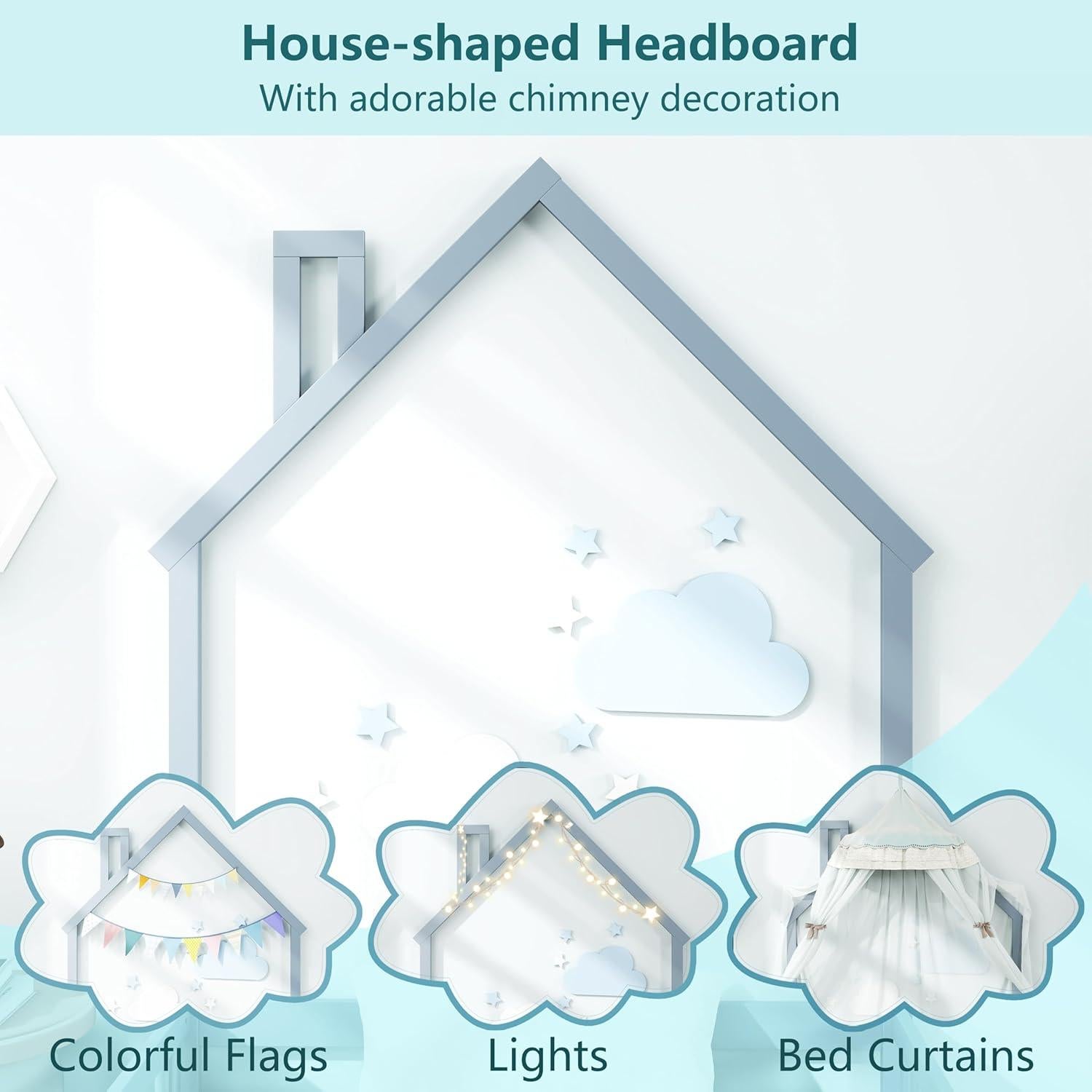 Cama Montessori de Piso DORTALA Gris con Barandilla y Casa