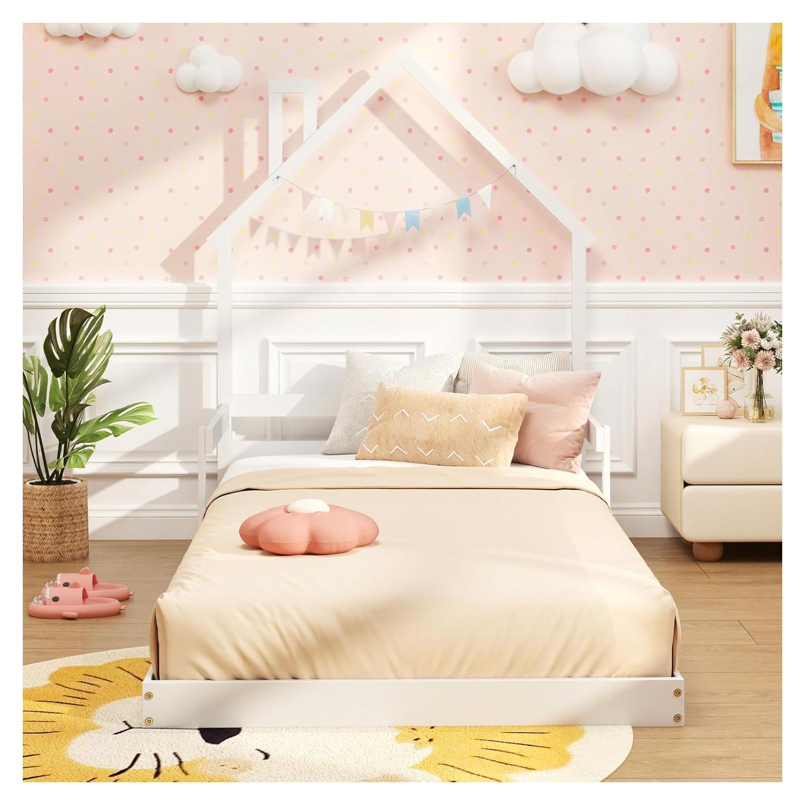 Cama de Piso Twin Giantex Blanca Montessori con Cabecera Chimenea