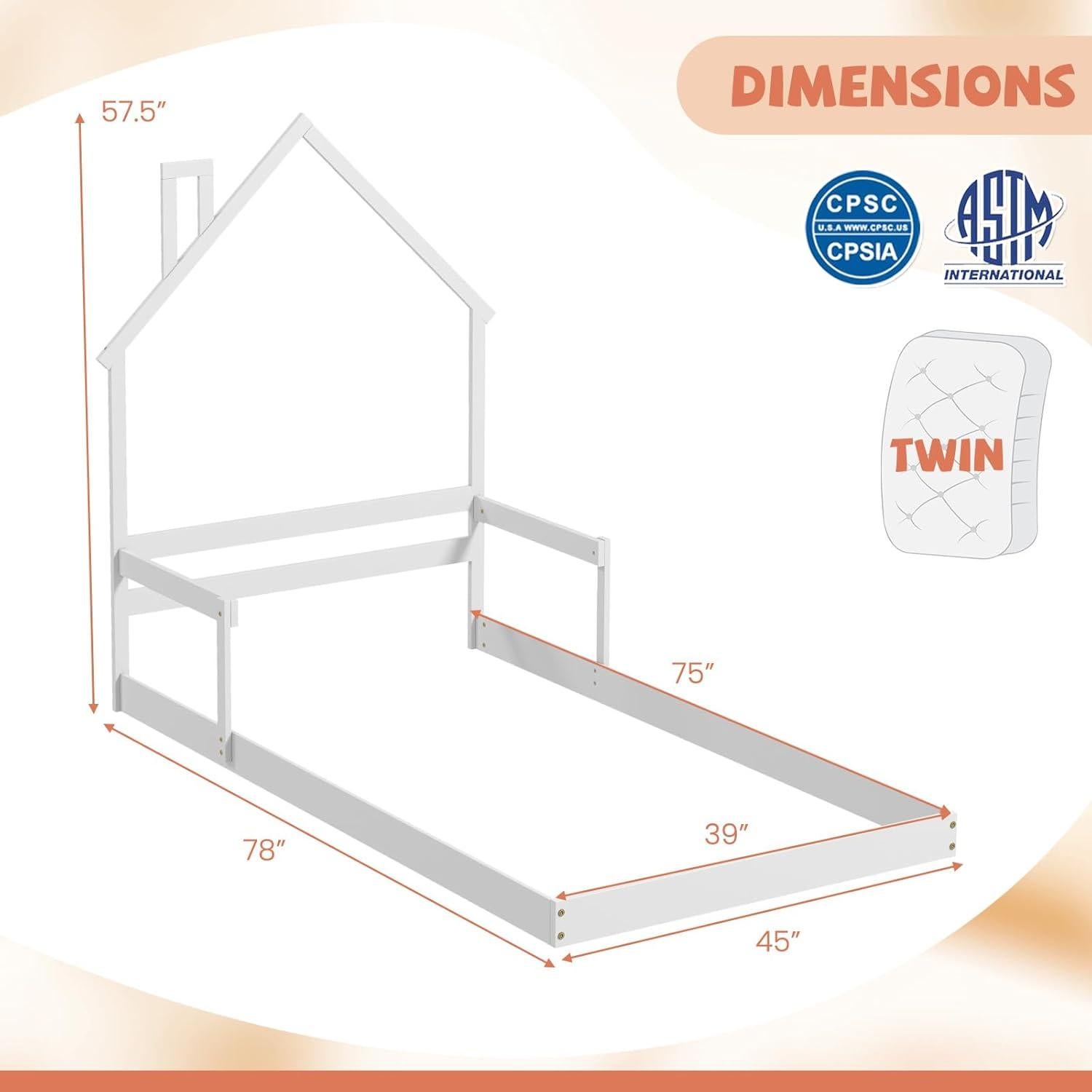 Cama de Piso Twin Giantex Blanca Montessori con Cabecera Chimenea