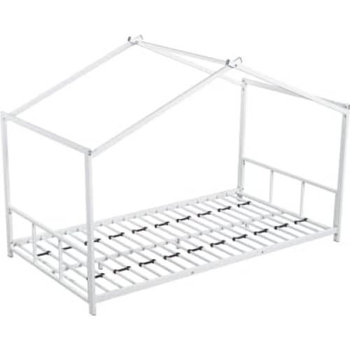 Cama de Piso Twin PVWIIK con Techo y Cabecera Blanca