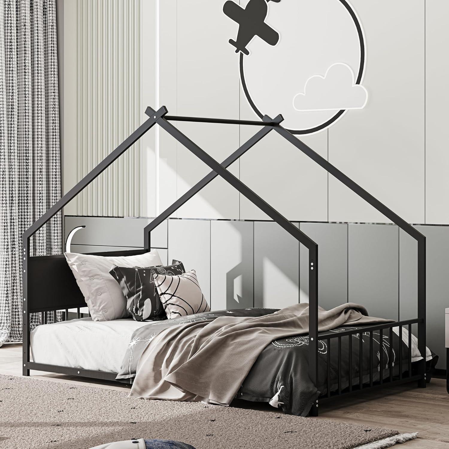 KEIKI Twin Size Montessori Floor Bed with Colorful Lights, Metal House Bed Frame with Slats and Legs for Boy & Girls, No Box Spring Needed (Black)