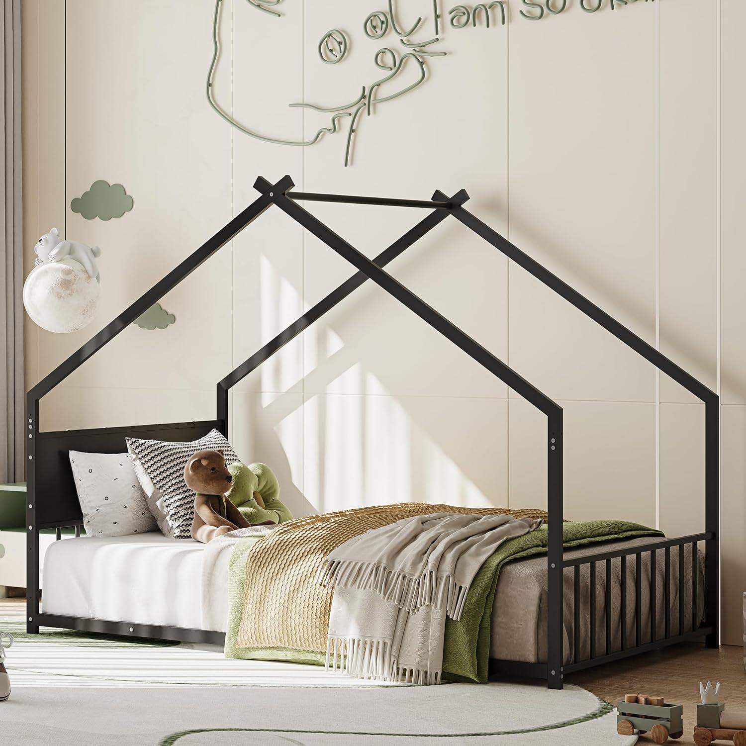 KEIKI Twin Size Montessori Floor Bed with Colorful Lights, Metal House Bed Frame with Slats and Legs for Boy & Girls, No Box Spring Needed (Black)