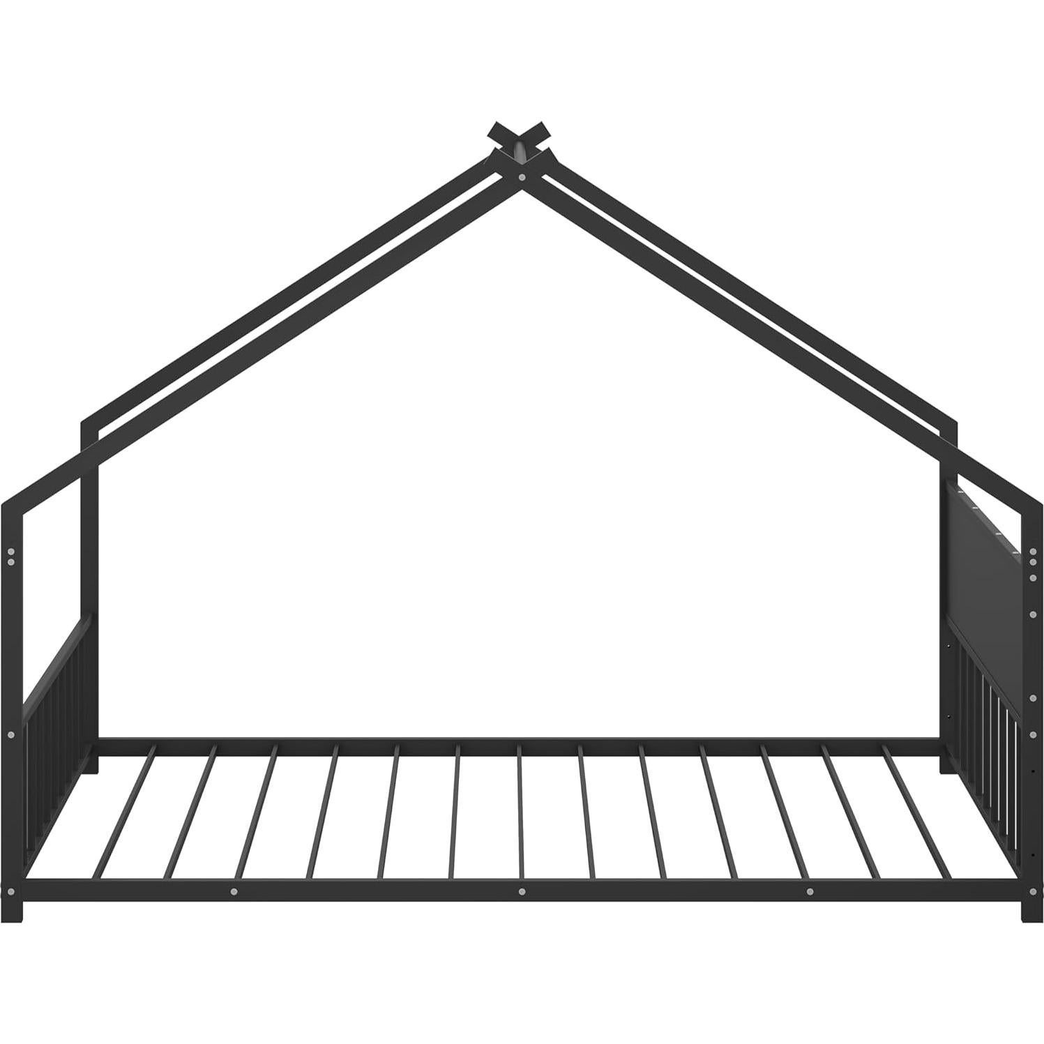 KEIKI Twin Size Montessori Floor Bed with Colorful Lights, Metal House Bed Frame with Slats and Legs for Boy & Girls, No Box Spring Needed (Black)