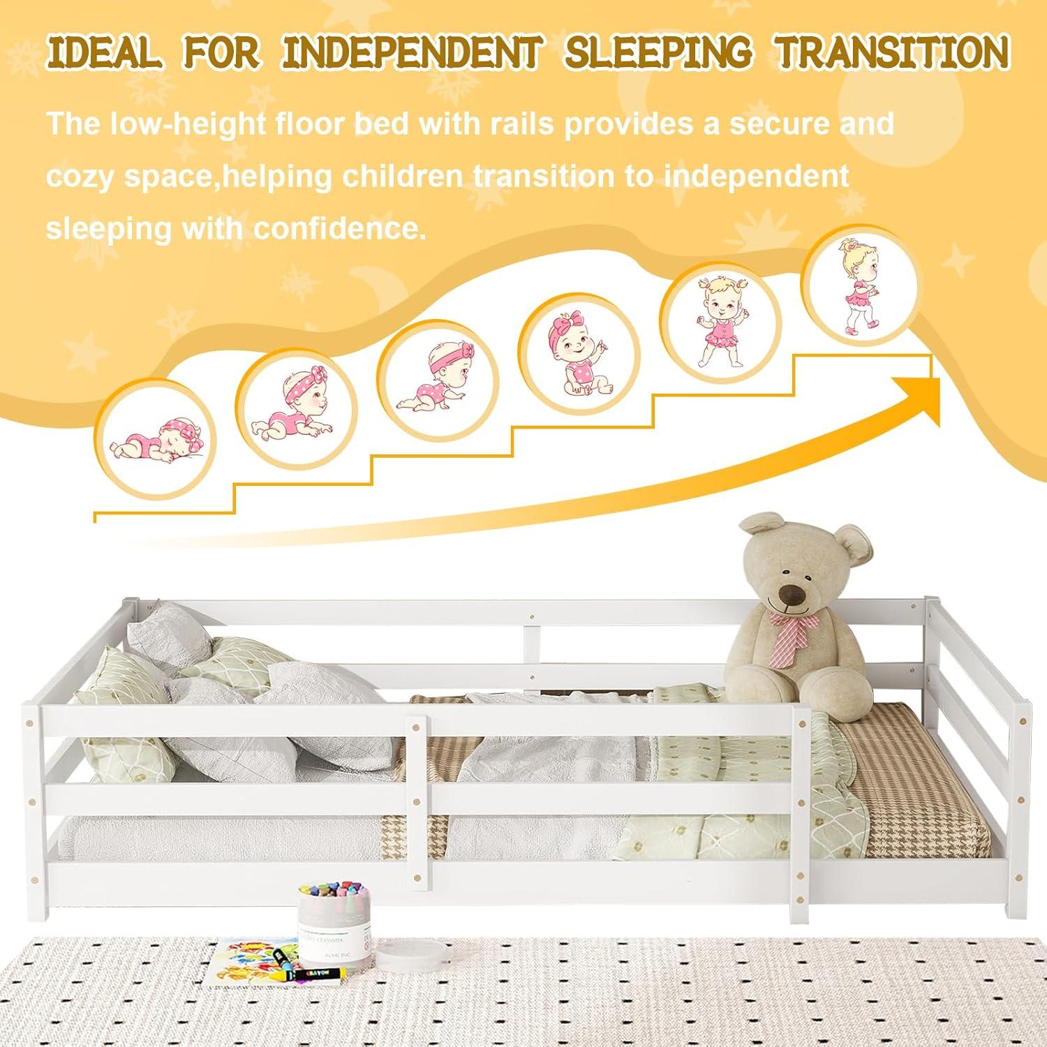 Cama Montessori Completa A ALFRESCOOL Blanca con Barandilla