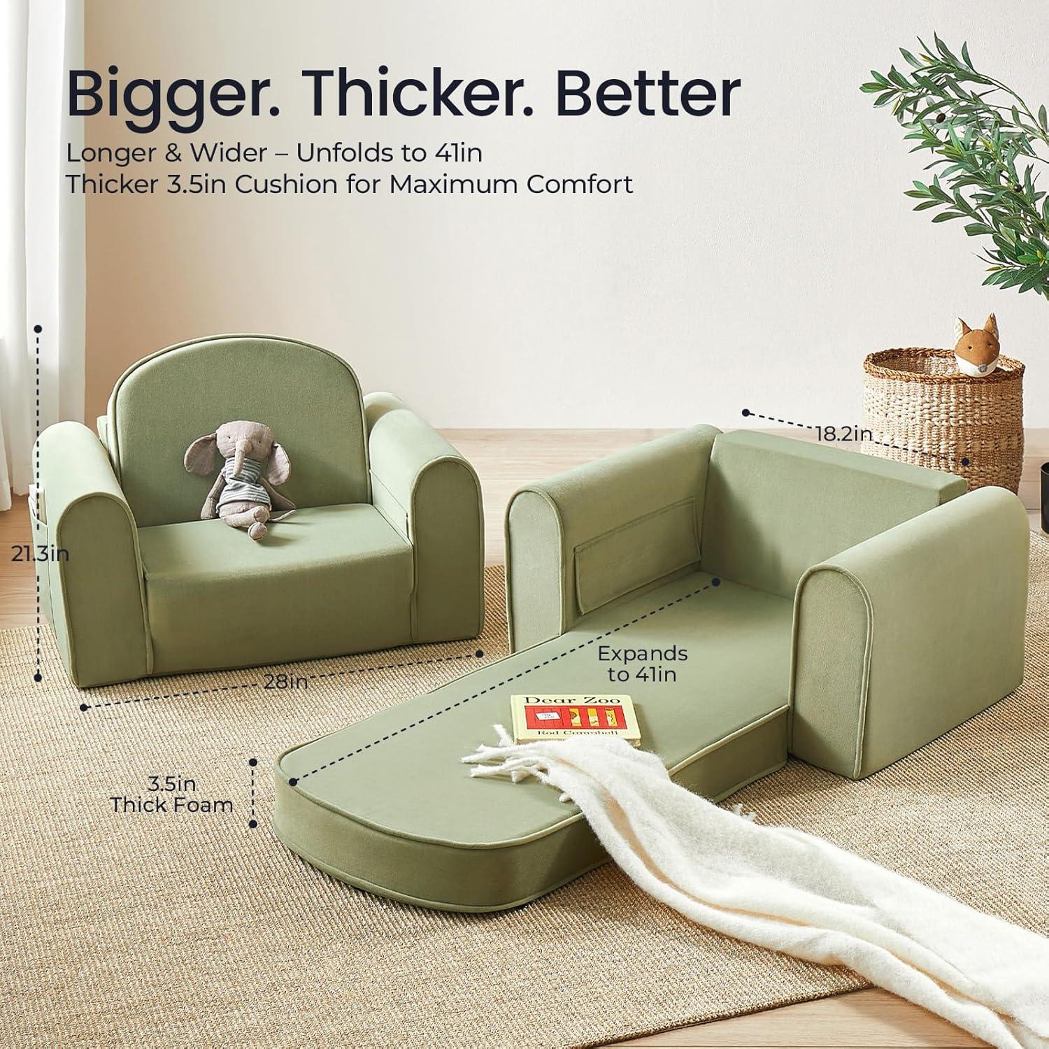 Sofá Plegable 2-en-1 Tiny Land Verde para Niños - Convertible