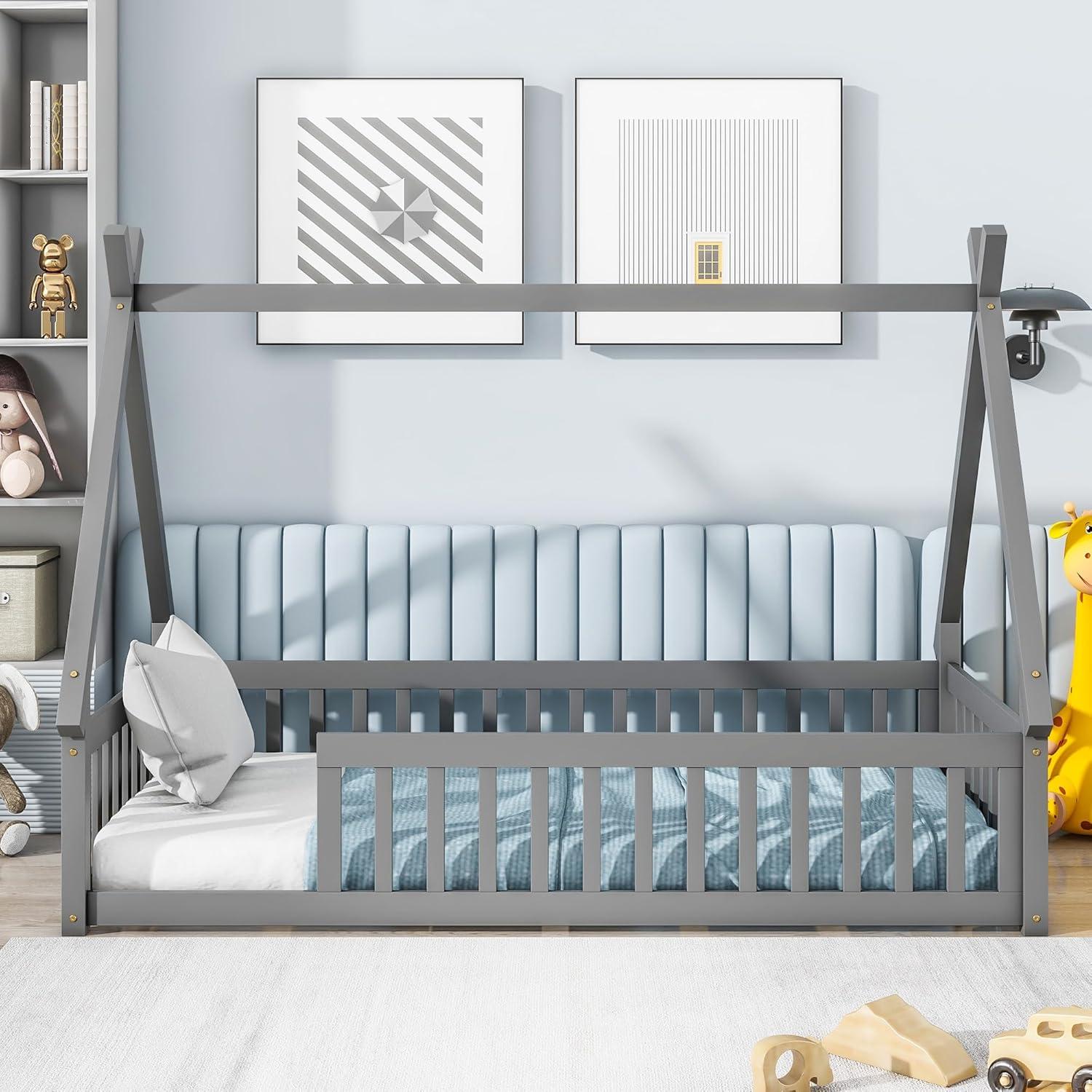 Cama de Piso Twin Bellemave Montessori con Cerca Gris
