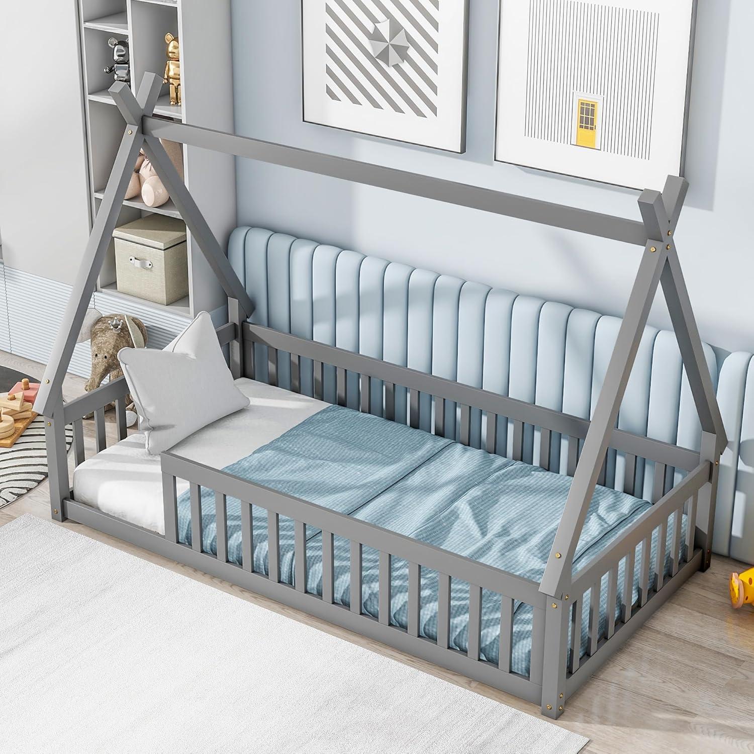 Cama de Piso Twin Bellemave Montessori con Cerca Gris
