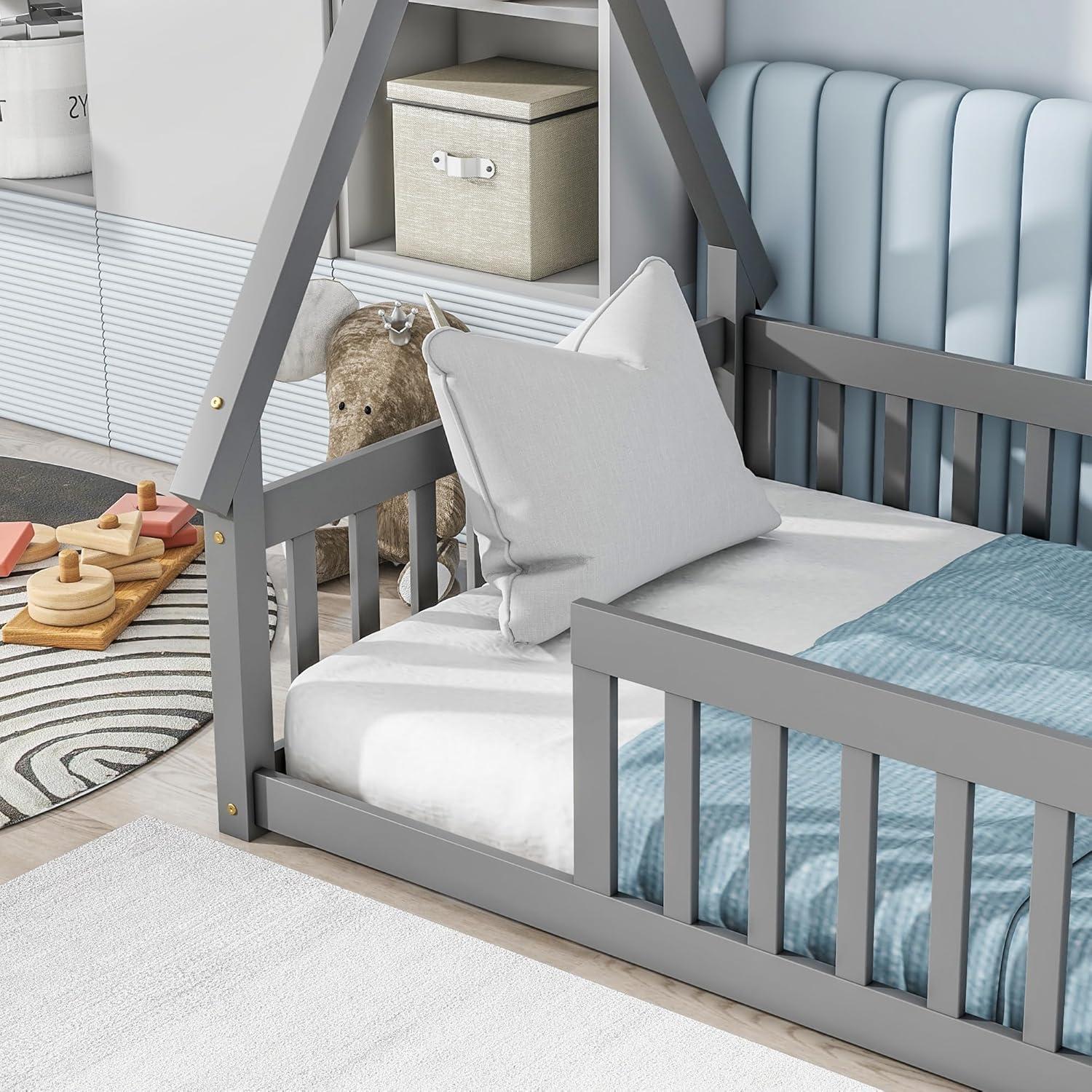 Cama de Piso Twin Bellemave Montessori con Cerca Gris