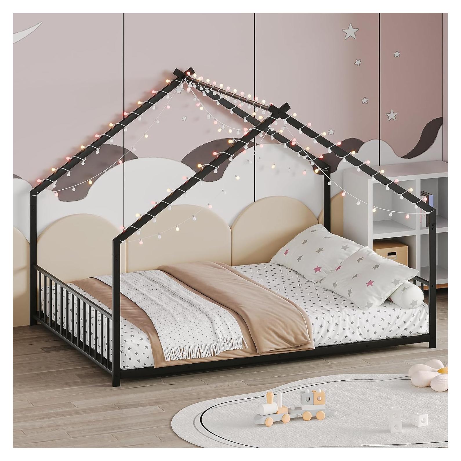 KEIKI Full Montessori Floor Bed with LED Lighting, Metal House Frame with Slats & Legs, No Box Spring Needed, Black