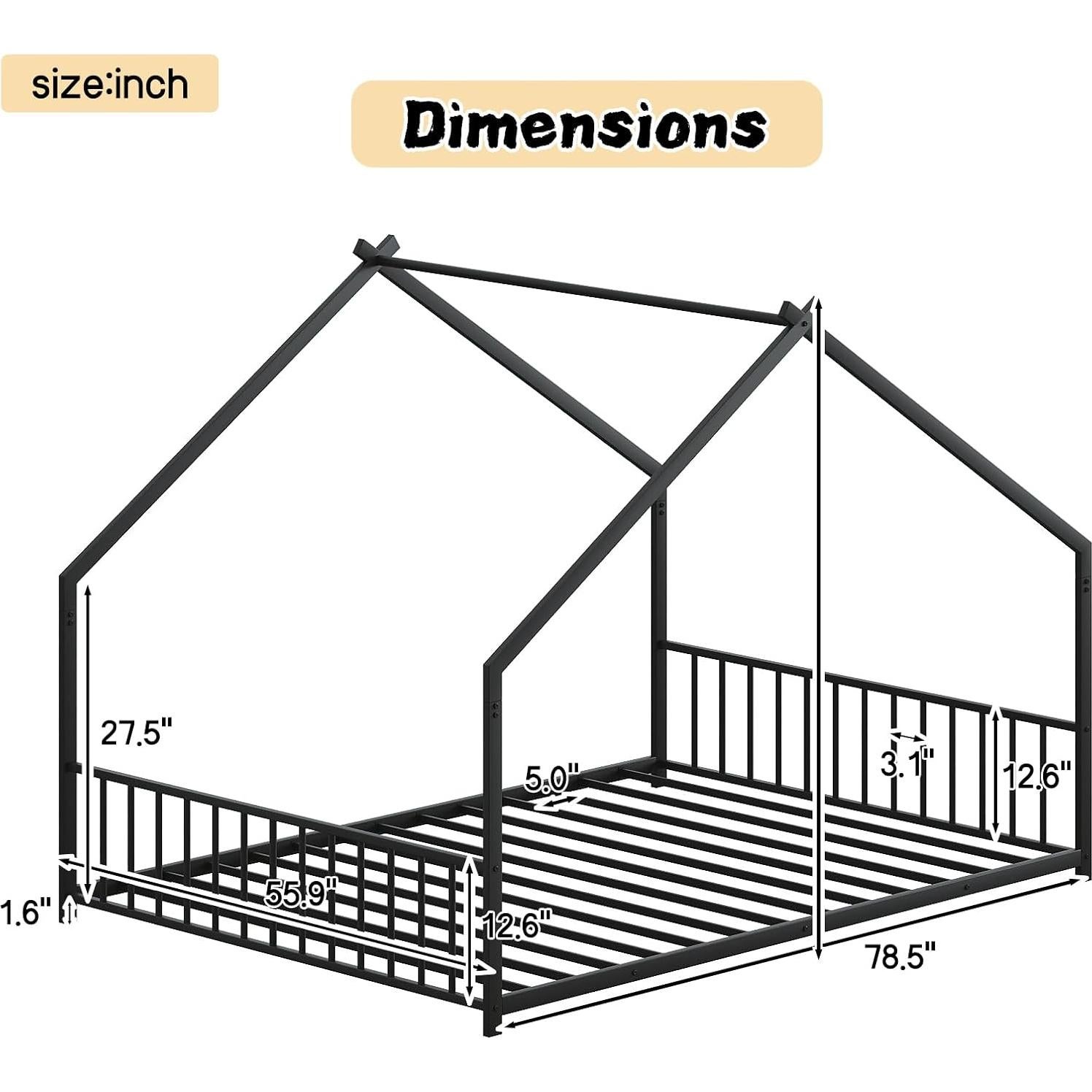 KEIKI Full Montessori Floor Bed with LED Lighting, Metal House Frame with Slats & Legs, No Box Spring Needed, Black