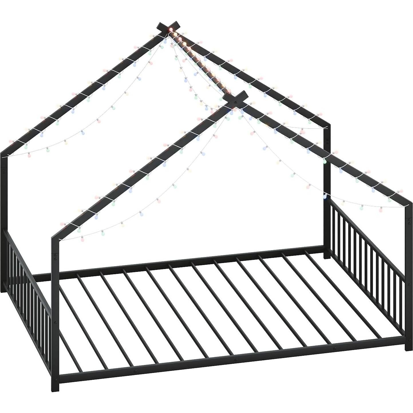 KEIKI Full Montessori Floor Bed with LED Lighting, Metal House Frame with Slats & Legs, No Box Spring Needed, Black