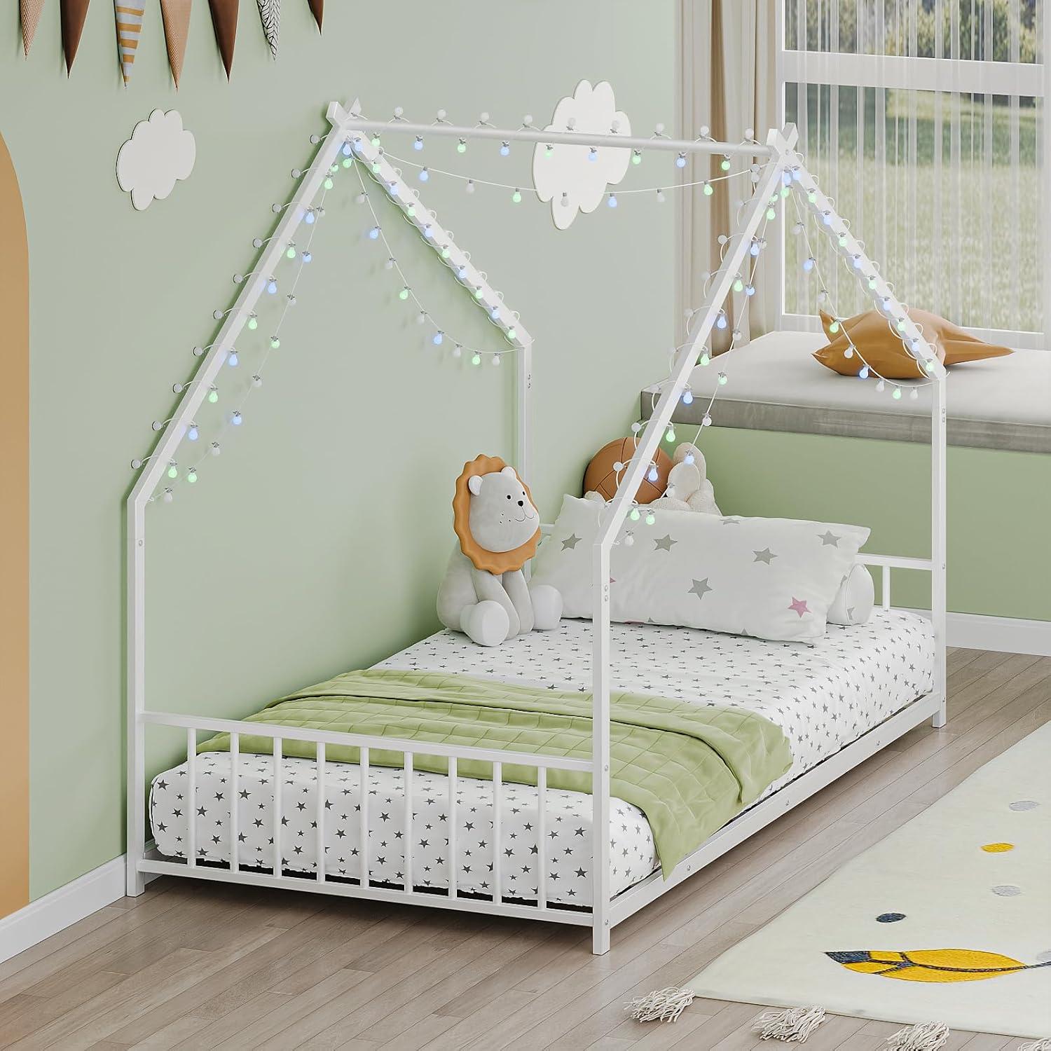 Cama de Piso Twin Zyerch con Luz LED y Techo para Niños