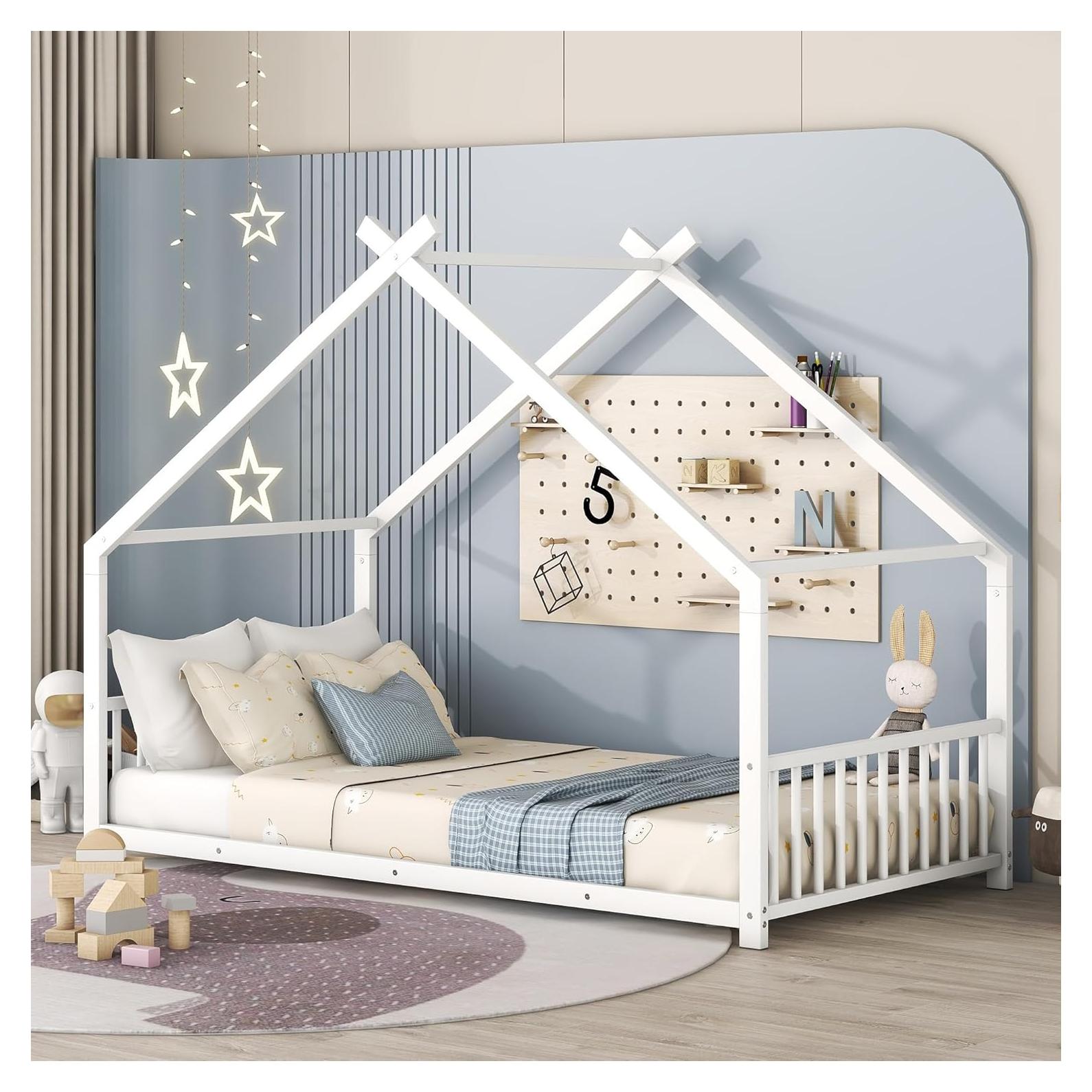 Cama Casa Twin Jintop de Metal con Techo y Listones, Blanca