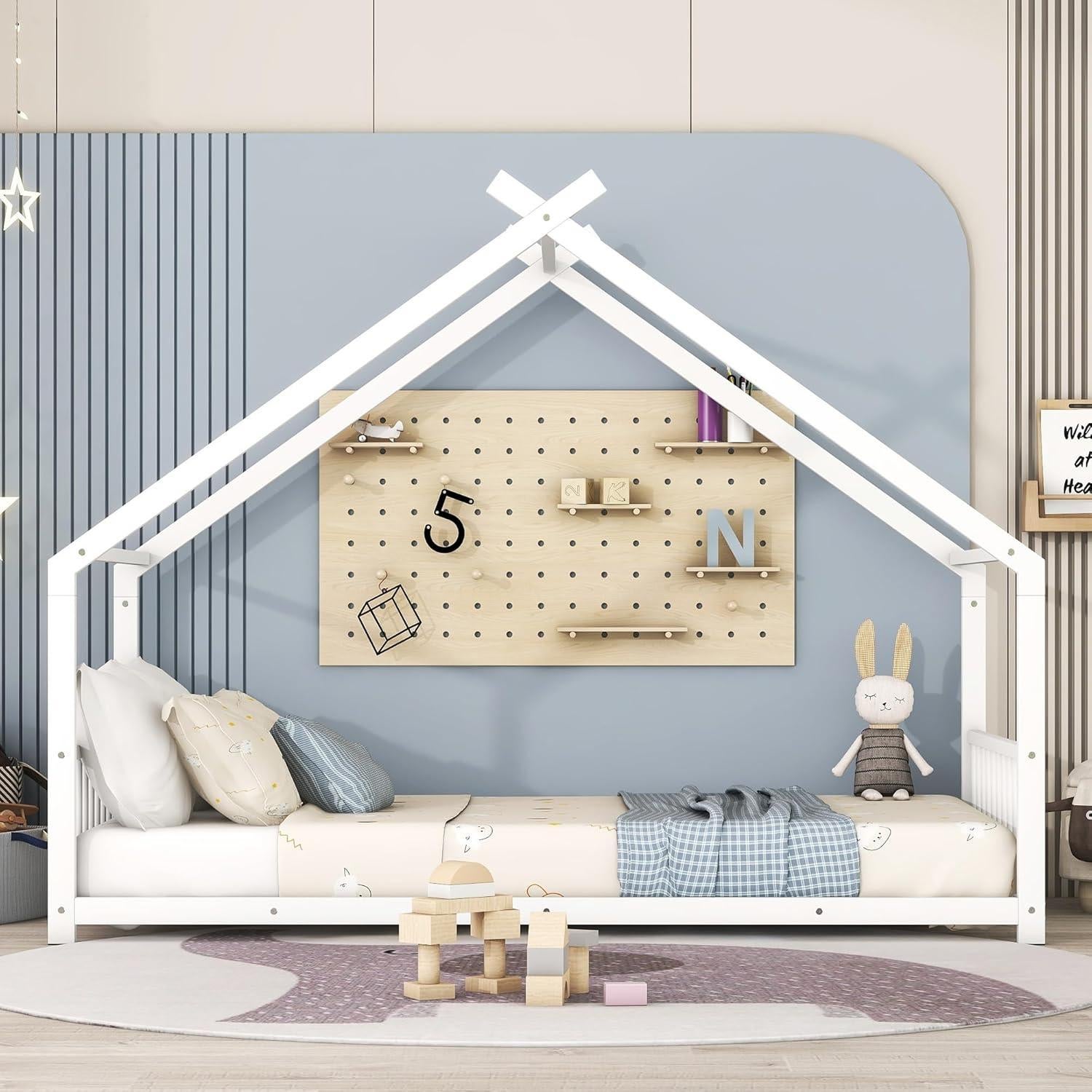 Cama Casa Twin Jintop de Metal con Techo y Listones, Blanca