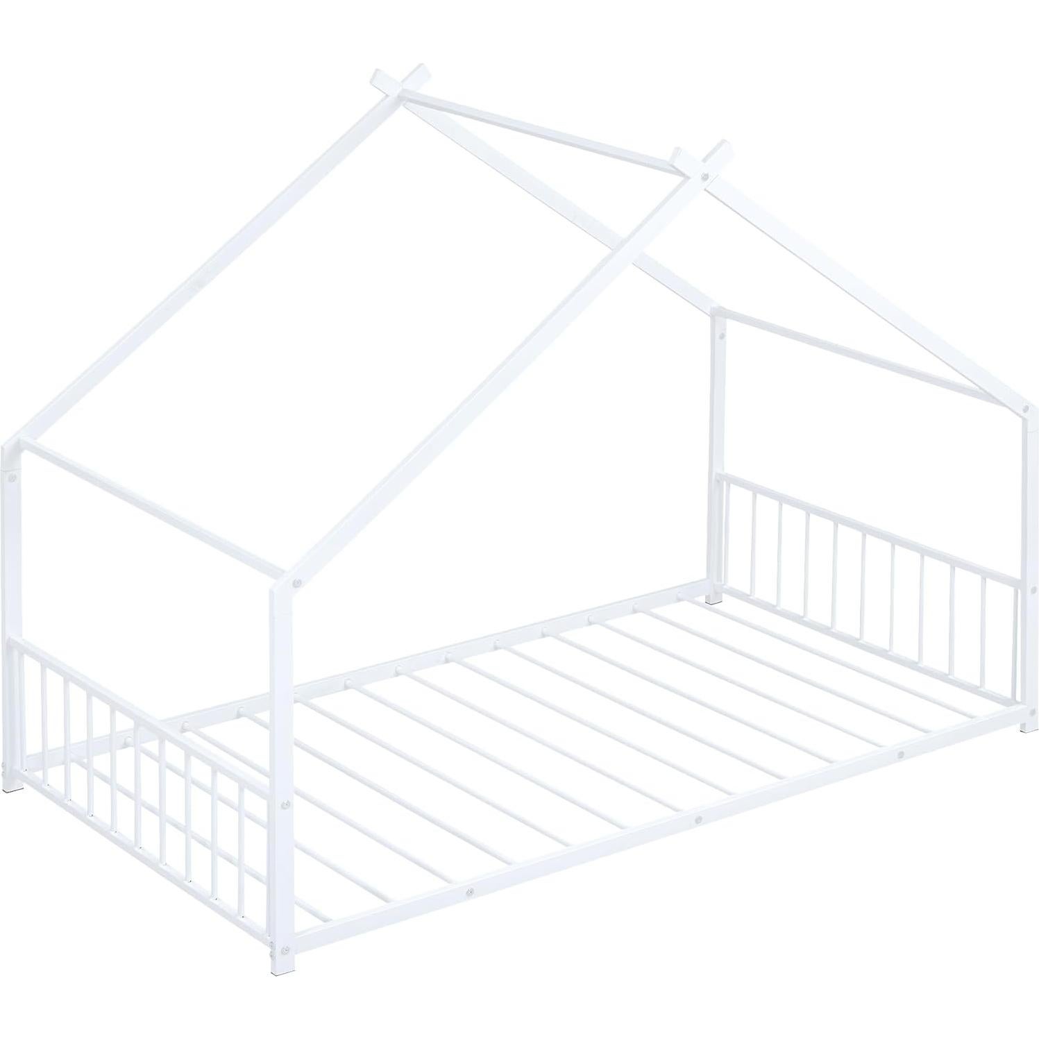 Cama Casa Twin Jintop de Metal con Techo y Listones, Blanca