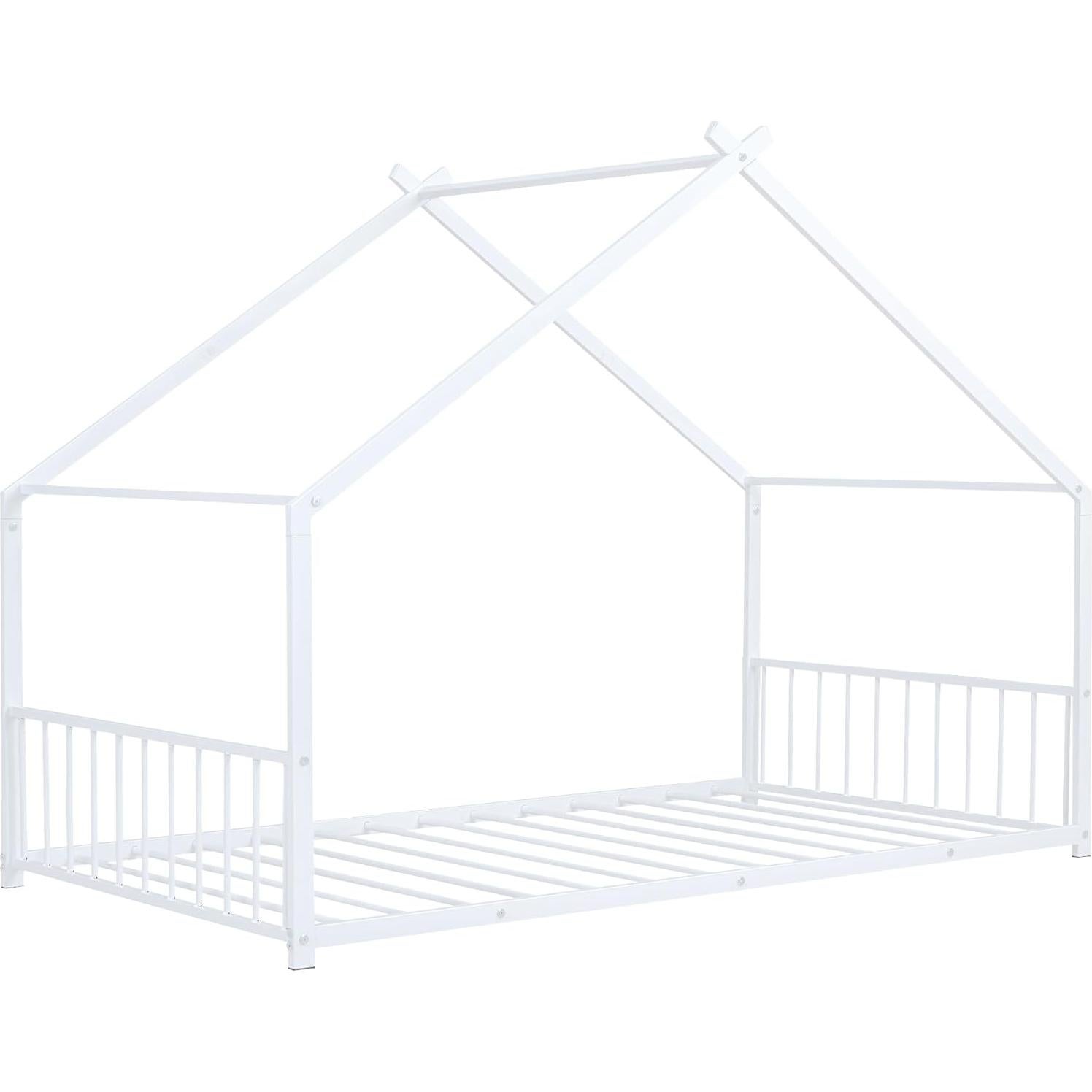 Cama Casa Twin Jintop de Metal con Techo y Listones, Blanca