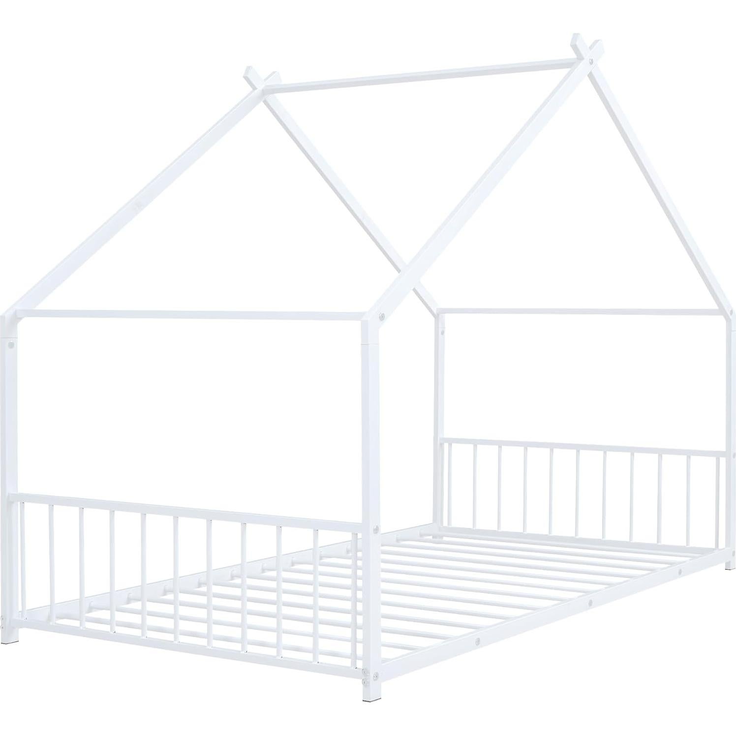 Cama Casa Twin Jintop de Metal con Techo y Listones, Blanca