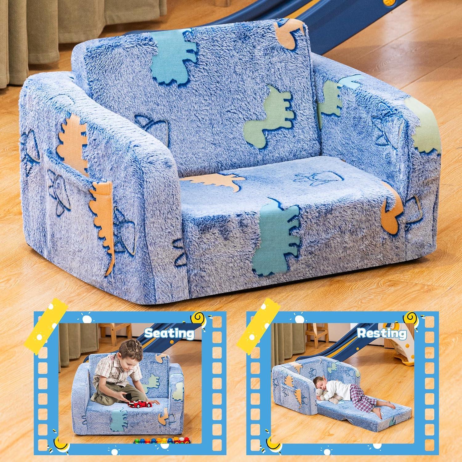 Sofá Plegable para Niños Lamerge 2-en-1 Azul Dinosaurio