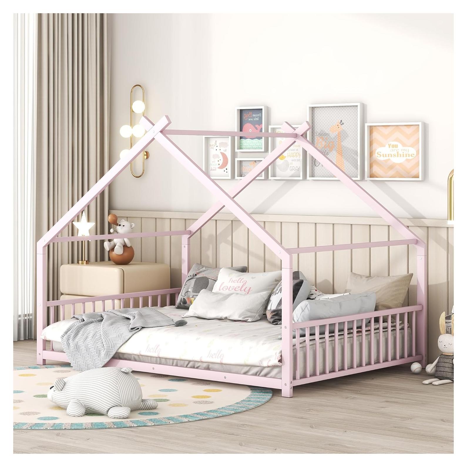 Cama de Piso Completo Bellemave Rosa con Diseño de Casa