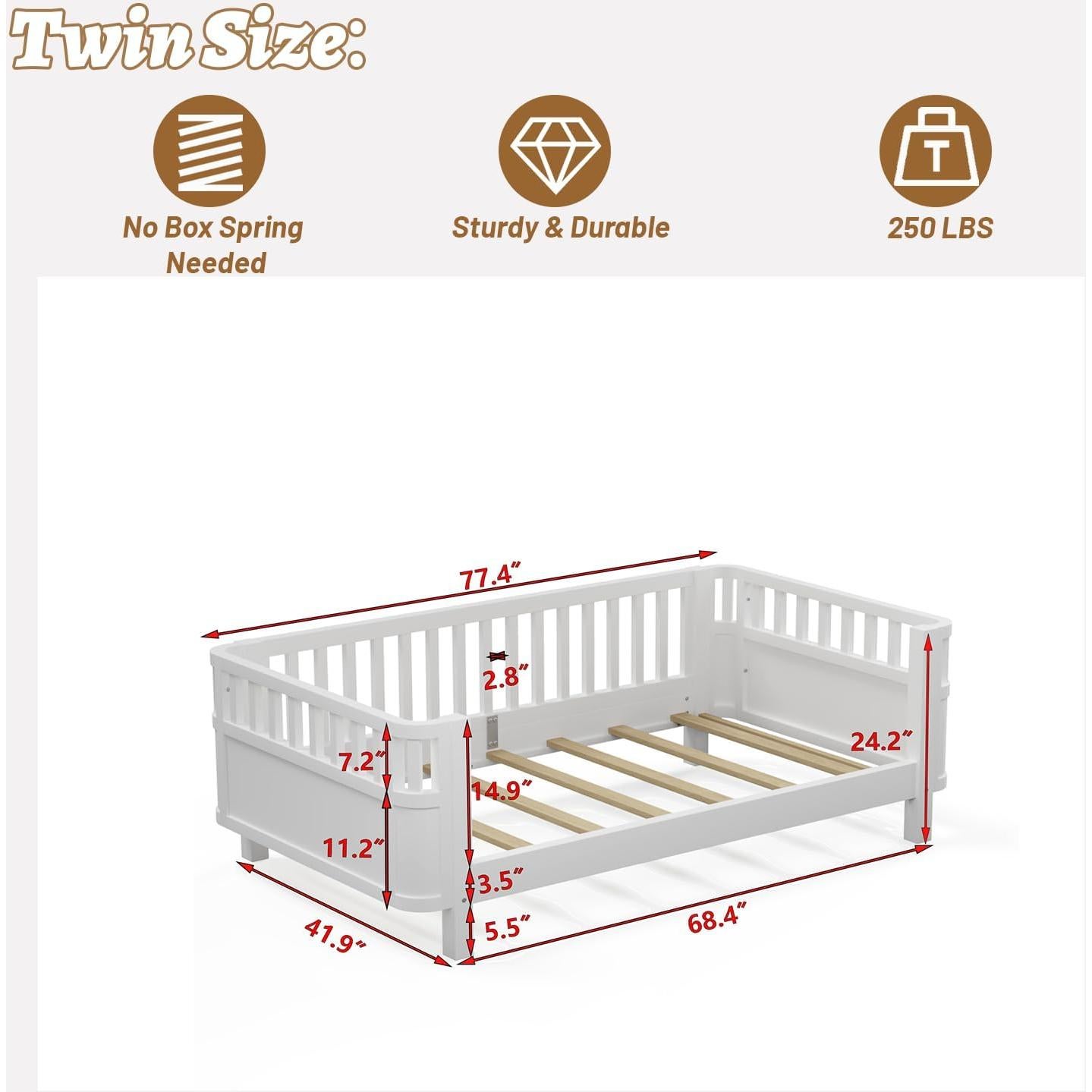 Cama Montessori Twin OYUMOENTS Blanca con Barandillas y Sin Chirridos