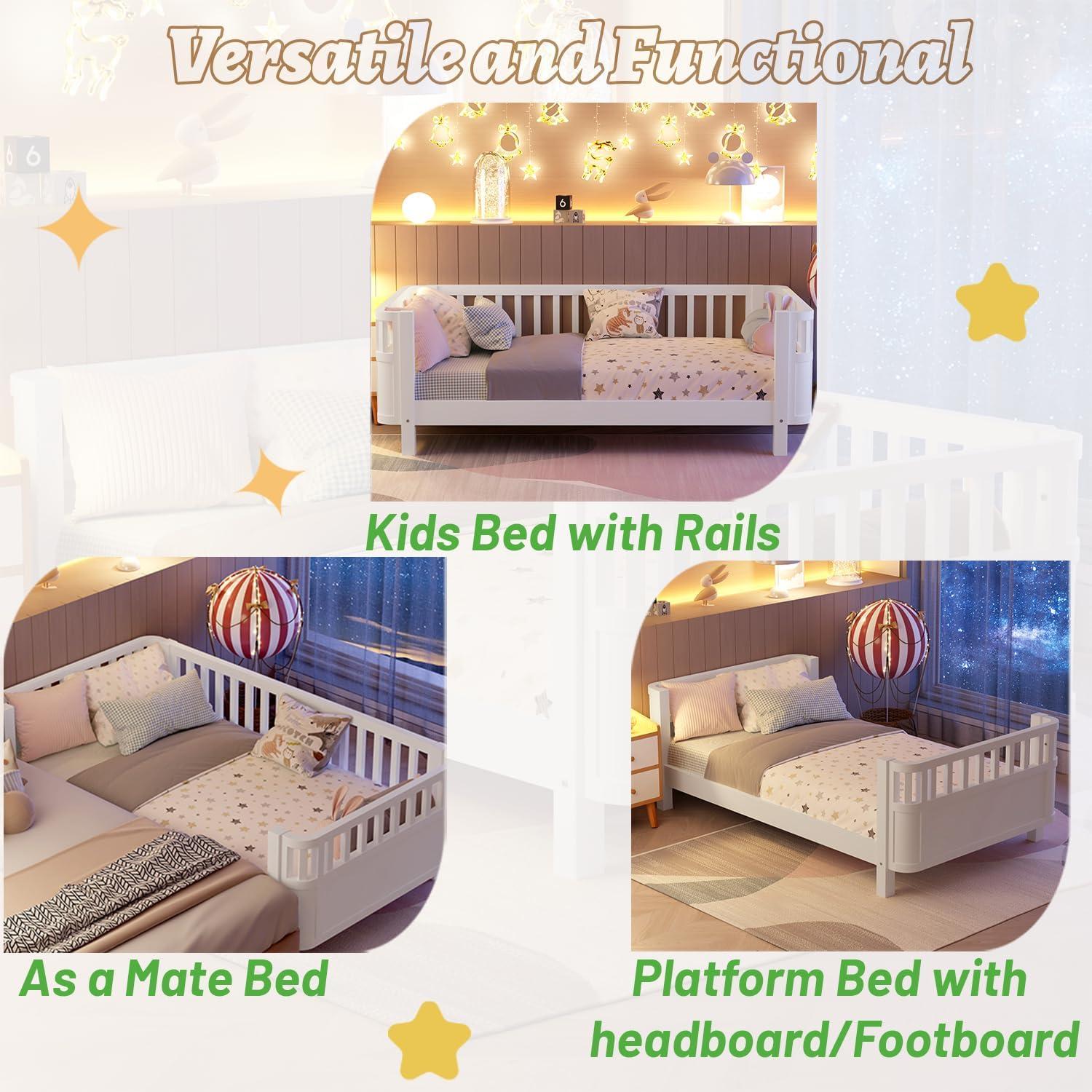 Cama Montessori Twin OYUMOENTS Blanca con Barandillas y Sin Chirridos