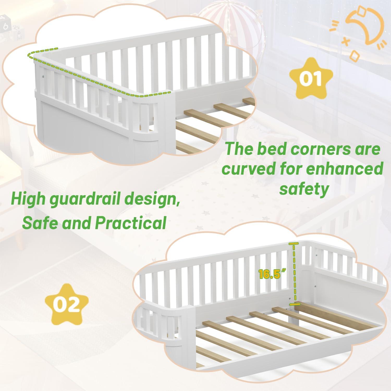 Cama Montessori Twin OYUMOENTS Blanca con Barandillas y Sin Chirridos