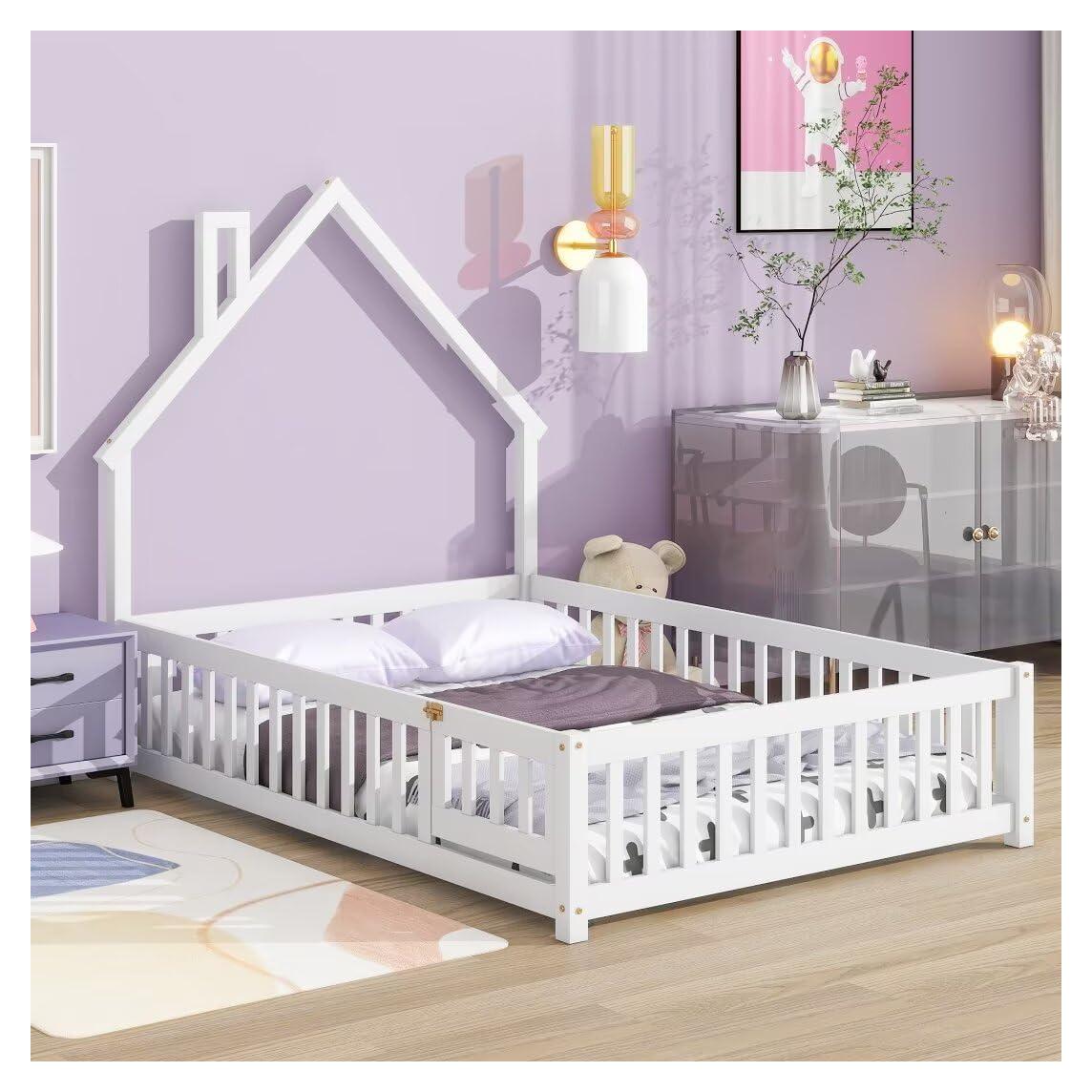 Cama Montessori Completa TURRIDU Blanca con Barandillas y Puerta