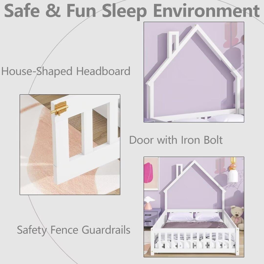 Cama Montessori Completa TURRIDU Blanca con Barandillas y Puerta