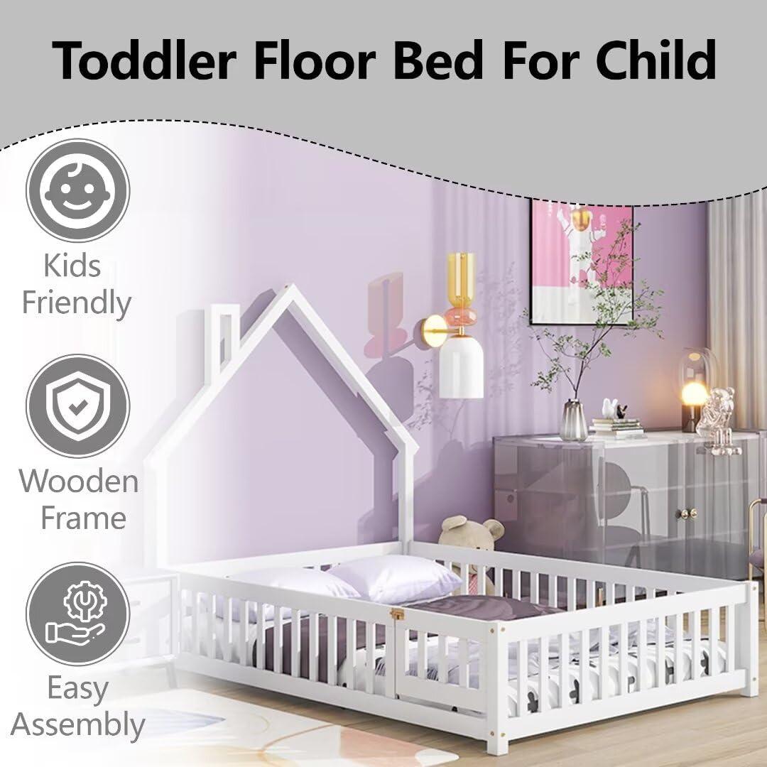 Cama Montessori Completa TURRIDU Blanca con Barandillas y Puerta