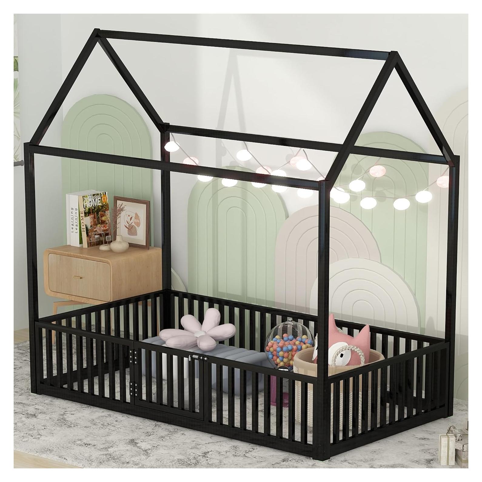 Cama de Piso Twin Bellemave con Techo Casa y Barandillas