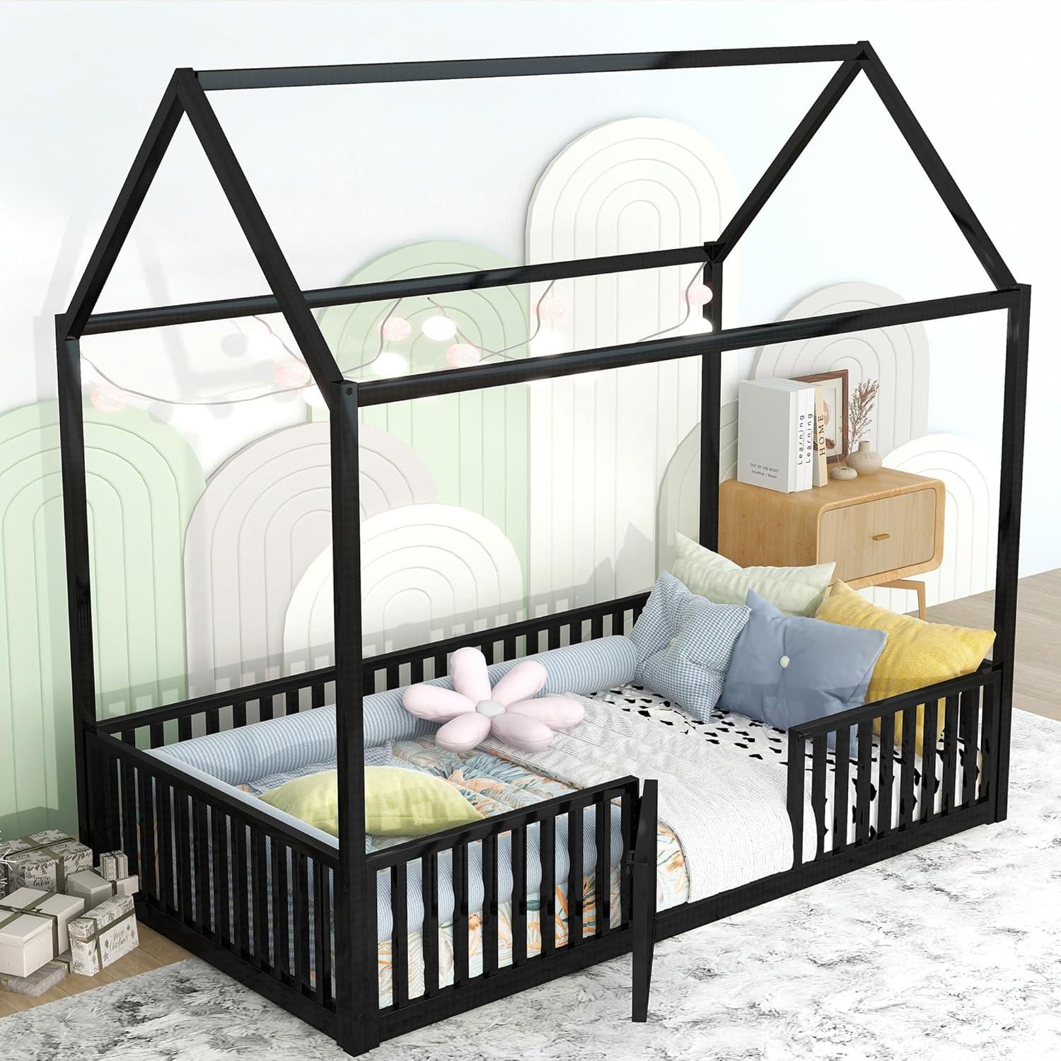 Cama de Piso Twin Bellemave con Techo Casa y Barandillas