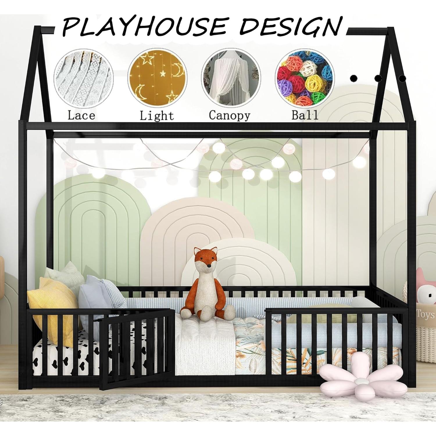 Cama de Piso Twin Bellemave con Techo Casa y Barandillas