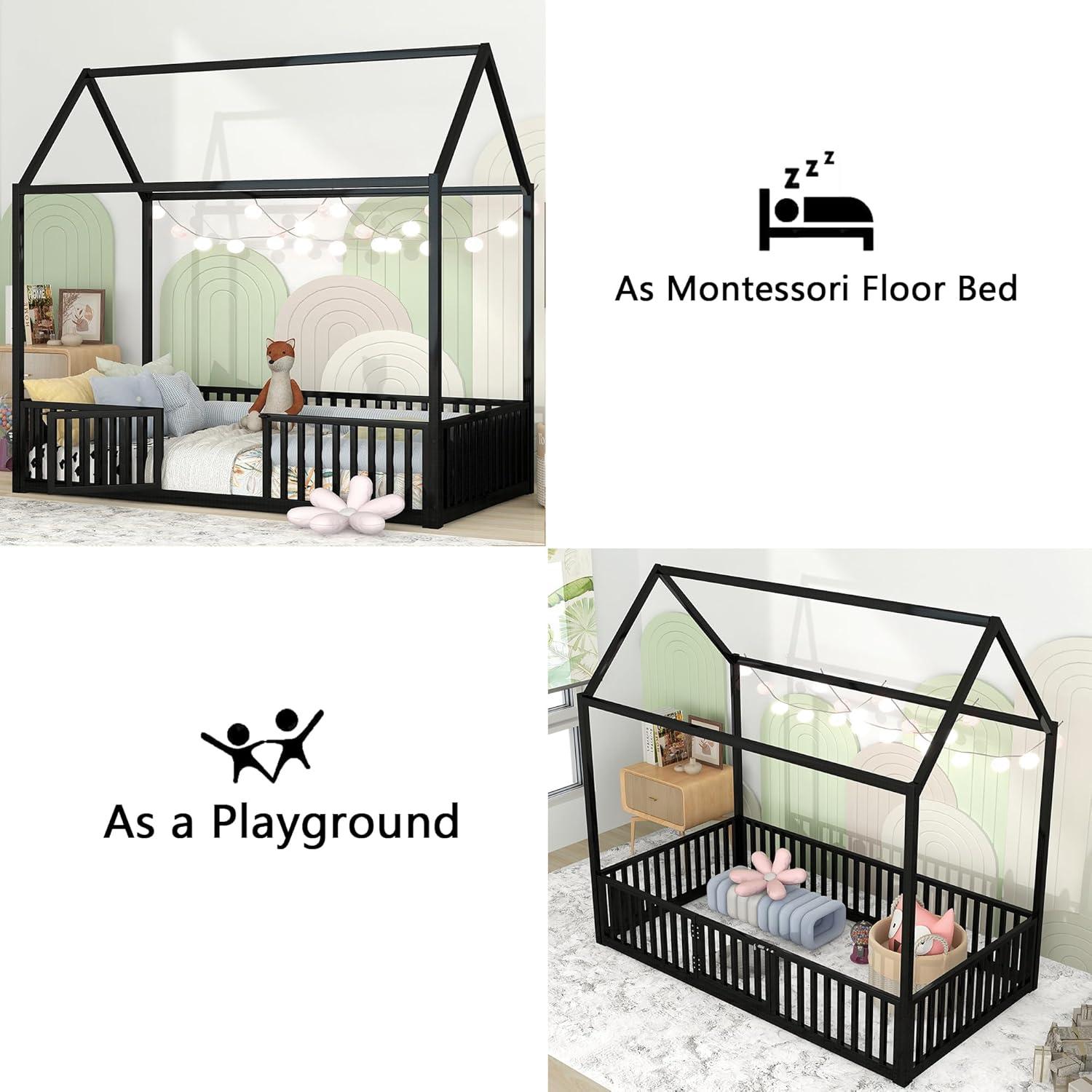 Cama de Piso Twin Bellemave con Techo Casa y Barandillas