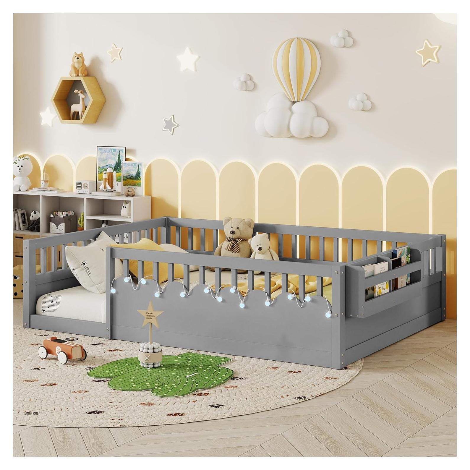 Montessori Floor Bed Full with High Rails, Wooden Full Size Bed Frame Kids with LED Lights & Storage Shelf, Montessori Floor Beds for Kids, Girls, Boys, Safe & Wider Opening Gate Design, Gray