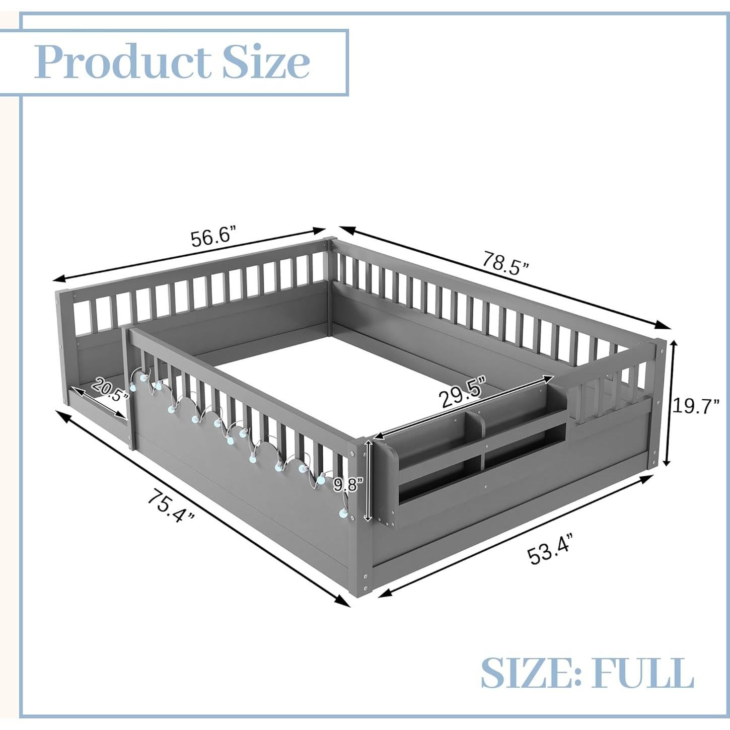 Montessori Floor Bed Full with High Rails, Wooden Full Size Bed Frame Kids with LED Lights & Storage Shelf, Montessori Floor Beds for Kids, Girls, Boys, Safe & Wider Opening Gate Design, Gray