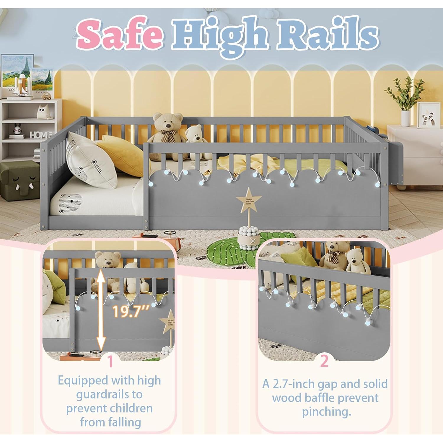 Montessori Floor Bed Full with High Rails, Wooden Full Size Bed Frame Kids with LED Lights & Storage Shelf, Montessori Floor Beds for Kids, Girls, Boys, Safe & Wider Opening Gate Design, Gray