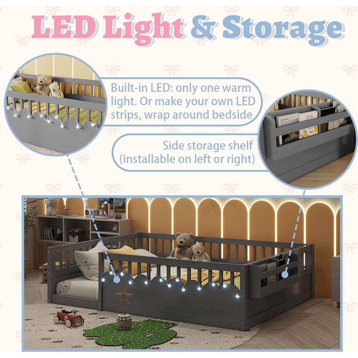 Montessori Floor Bed Full with High Rails, Wooden Full Size Bed Frame Kids with LED Lights & Storage Shelf, Montessori Floor Beds for Kids, Girls, Boys, Safe & Wider Opening Gate Design, Gray