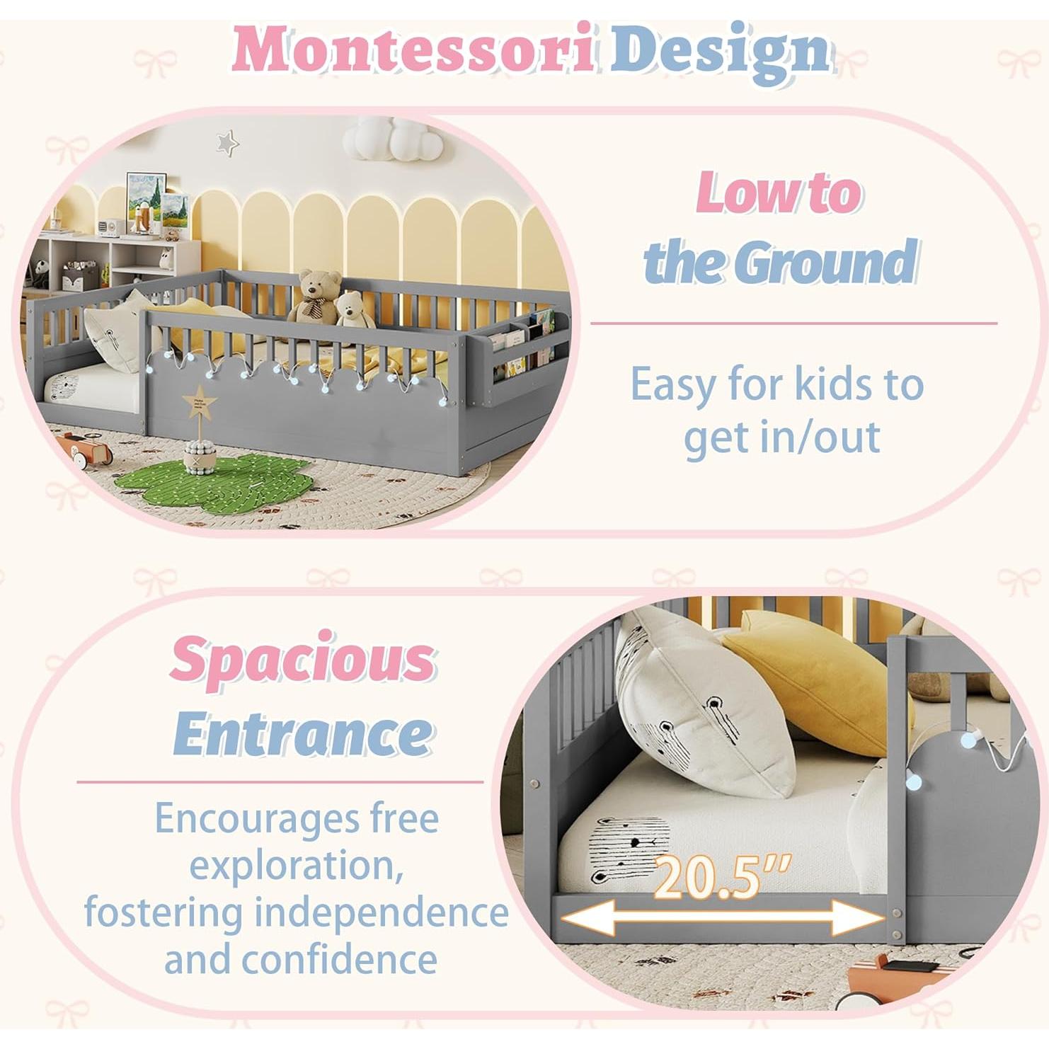 Montessori Floor Bed Full with High Rails, Wooden Full Size Bed Frame Kids with LED Lights & Storage Shelf, Montessori Floor Beds for Kids, Girls, Boys, Safe & Wider Opening Gate Design, Gray