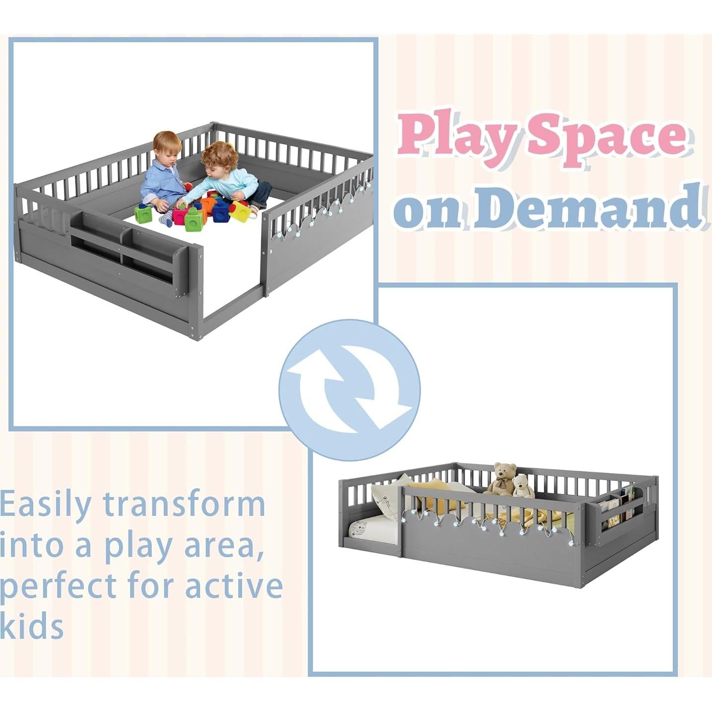 Montessori Floor Bed Full with High Rails, Wooden Full Size Bed Frame Kids with LED Lights & Storage Shelf, Montessori Floor Beds for Kids, Girls, Boys, Safe & Wider Opening Gate Design, Gray